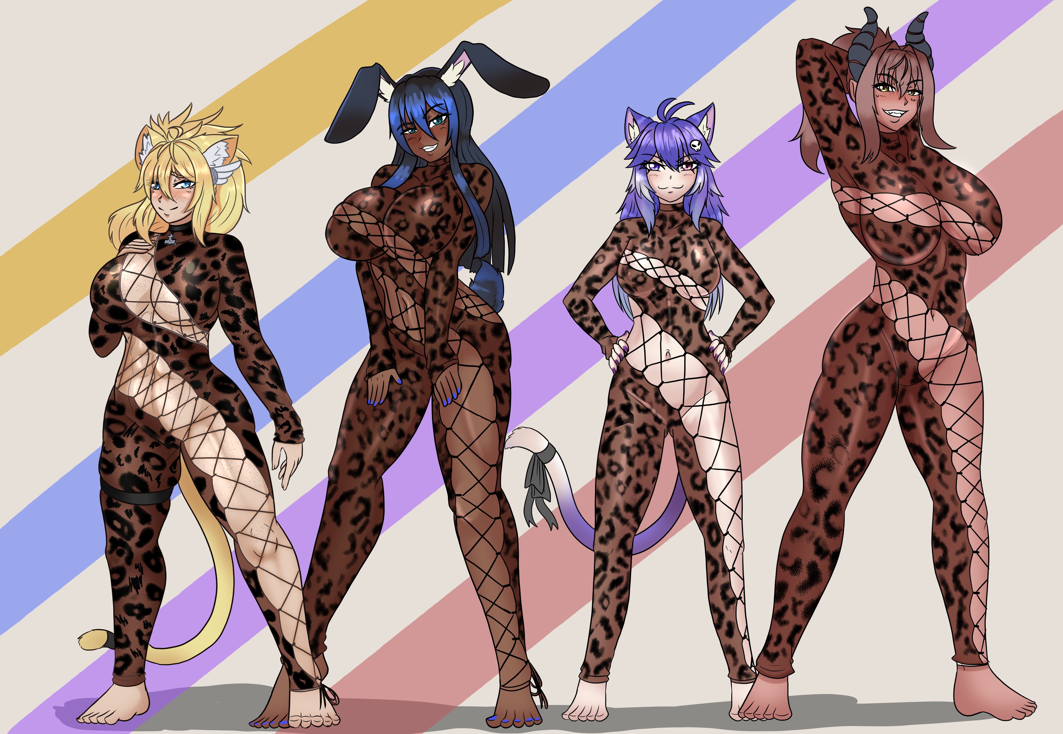 2d, 4girls, abs, alitacosma, almost naked, animal ears, balroggy, barefoot, bell, big breasts, black bunny ears, blonde hair, blue eyes, blue hair, blue nails, blush, breasts, brown hair, bunny ears, bunny girl, bunny tail, cat ears, cat girl, cat tail, catgirl, choker, clevage, clothed, clothed female, clothing, dark skin, dark-skinned female, female, female only, hand on hip, hands behind head, heterochromia, horns, huge breasts, indie virtual youtuber, large breasts, leopard print, light skin, light-skinned female, multiple females, multiple girls, navel, nekomimi, no bra, no panties, painted fingernails, painted nails, ponytail, posing, posing for the viewer, purple eyes, purple hair, red eyes, shadow, simple background, size comparison, size difference, small breasts, smug, standing, string jumpsuit, tail, thick thighs, thor chan, totless (vtuber), totlessvr, tsuki kimura, tummy, underboob, virtual youtuber, voluptuous, voluptuous female, vrchat, white background, whitepulse, wide hips