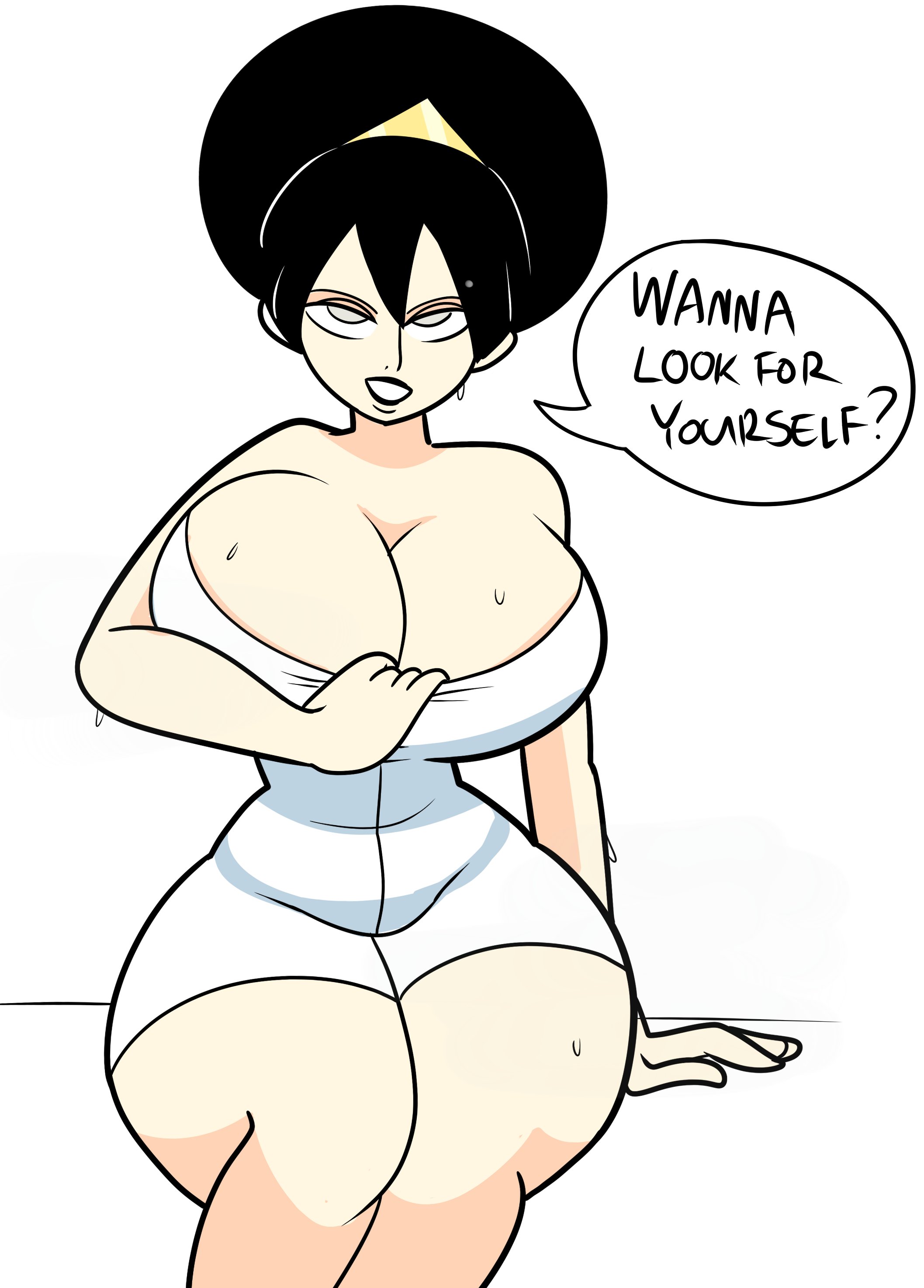 1girls, alternate breast size, avatar the last airbender, back, back boob, black hair, breasts, casual, dark hair, english text, female, female only, huge breasts, human, large breasts, nude, nude female, solo, superspoe, sweat, text, toph bei fong, towel, towel only