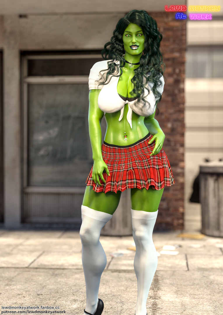 1girls 3d 3d_(artwork) artist_name big_breasts choker cleavage crop_top dark_green_hair female female_only green-skinned_female green_body green_eyes green_hair green_skin hourglass_figure huge_breasts hulk_(series) large_breasts lewdmonkeyatwork lewdmonkeywork lips long_hair marvel marvel_comics muscular_thighs navel navel_piercing patreon_username schoolgirl_uniform she-hulk skirt solo solo_female thigh_socks tied_top toned_stomach waist