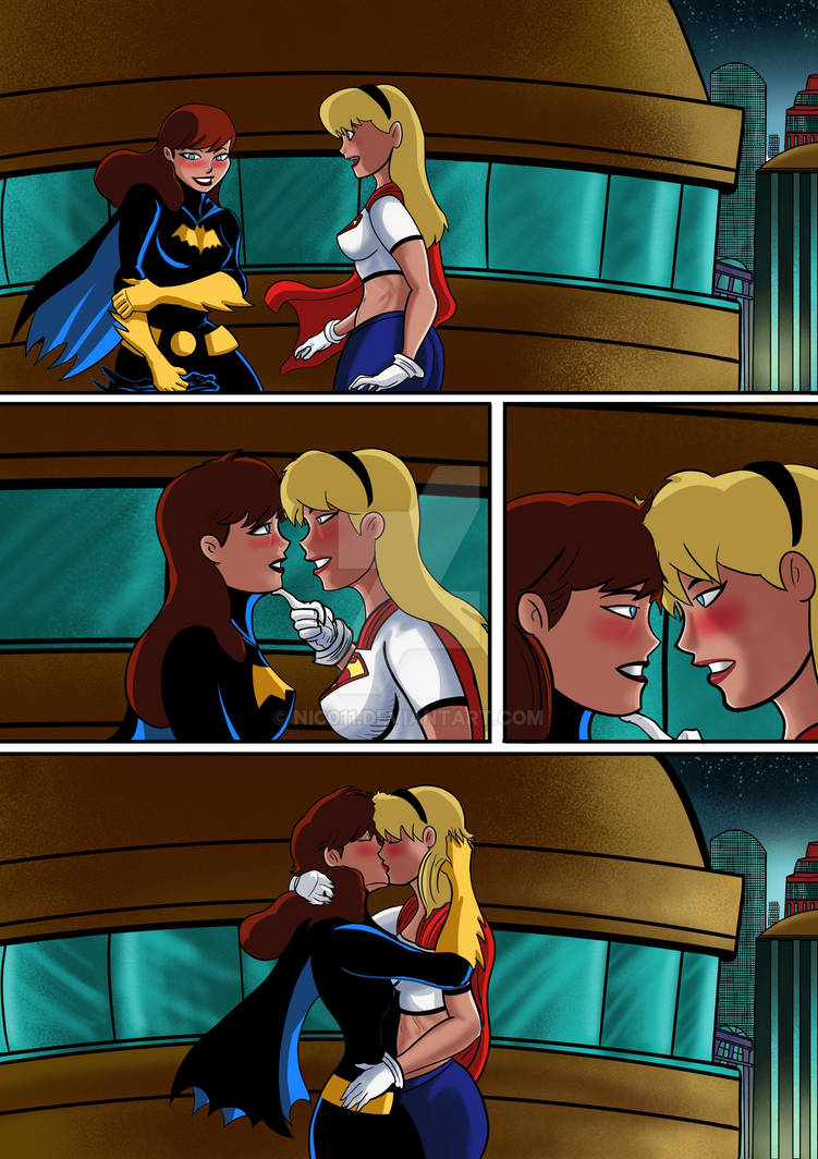 2girls, barbara gordon, batgirl, batgirl (barbara gordon), blonde hair, boots, cape, couple, dc, dc comics, dcau, duo, female, female only, female/female, gloves, human, kara zor-el, kissing, kryptonian, lesbian kiss, light skin, light-skinned female, multiple females, multiple girls, nic011, red hair, romantic, romantic couple, skirt, supergirl, supergirl (dcau), superheroine, superman (series), text, watermark, wide hips, yuri