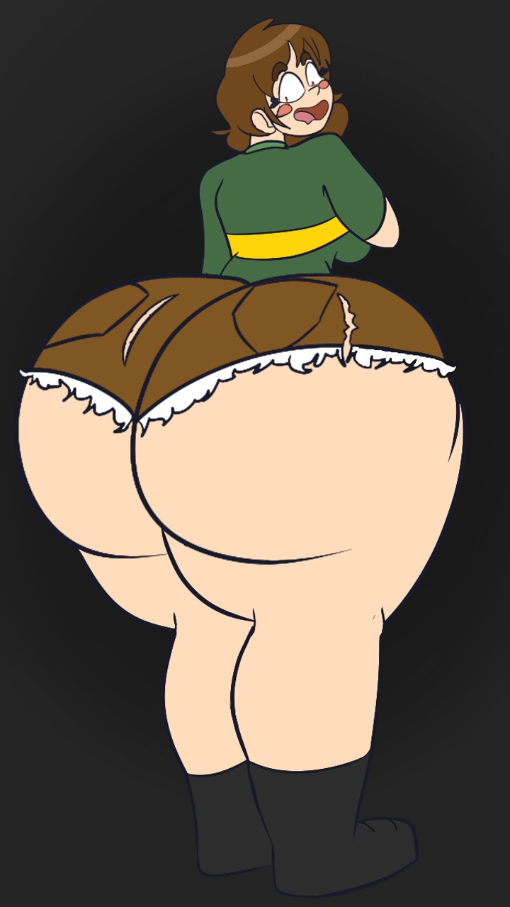 1girls, 2d, ass, ass expansion, chara, clothed, clothing, deerish, expansion, female, female chara, female only, huge ass, human, human female, human only, looking back, shorts, solo, thick thighs, undertale, undertale (series)