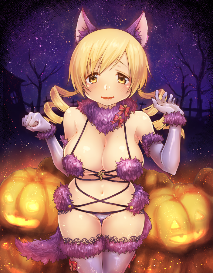 animal_ears blonde_hair blush breasts cosplay crossover drill_hair elbow_gloves female fur_bikini fur_trim gloves halloween_costume human human_only jack-o'-lantern kazabuki_poni large_breasts looking_at_viewer mahou_shoujo_madoka_magica mash_kyrielight mash_kyrielight_(dangerous_beast) mash_kyrielight_(dangerous_beast)_(cosplay) night official_alternate_costume puella_magi_madoka_magica revealing_clothes solo solo_female tail thighhighs tomoe_mami twin_drills wavy_mouth wolf_costume wolf_ears wolf_tail yellow_eyes yellow_eyes_female