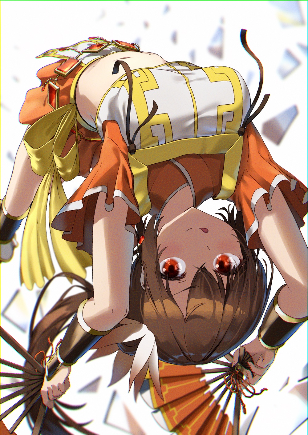 :p backlighting bare_legs blurry blurry_background breasts broken broken_glass brown_hair commentary_request crop_top dot_nose female fingernails floating_hair frilled_sleeves frills full_body glass hair_between_eyes hand_fan harisen highres holding holding_fan human human_only jewelry looking_at_viewer magia_record:_mahou_shoujo_madoka_magica_gaiden mahou_shoujo_madoka_magica medium_breasts midriff navel noeru orange_eyes orange_skirt ponytail simple_background skirt solo tongue tongue_out upside-down white_background wide_sleeves wristband young yui_tsuruno