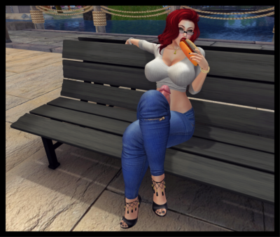 1futa 3d bench big_breasts big_penis clothed clothing erection futa_only futanari futarika glasses hot_dog human milf mostly_clothed penis penis_out public public_exposure red_hair sitting sitting_on_chair solo