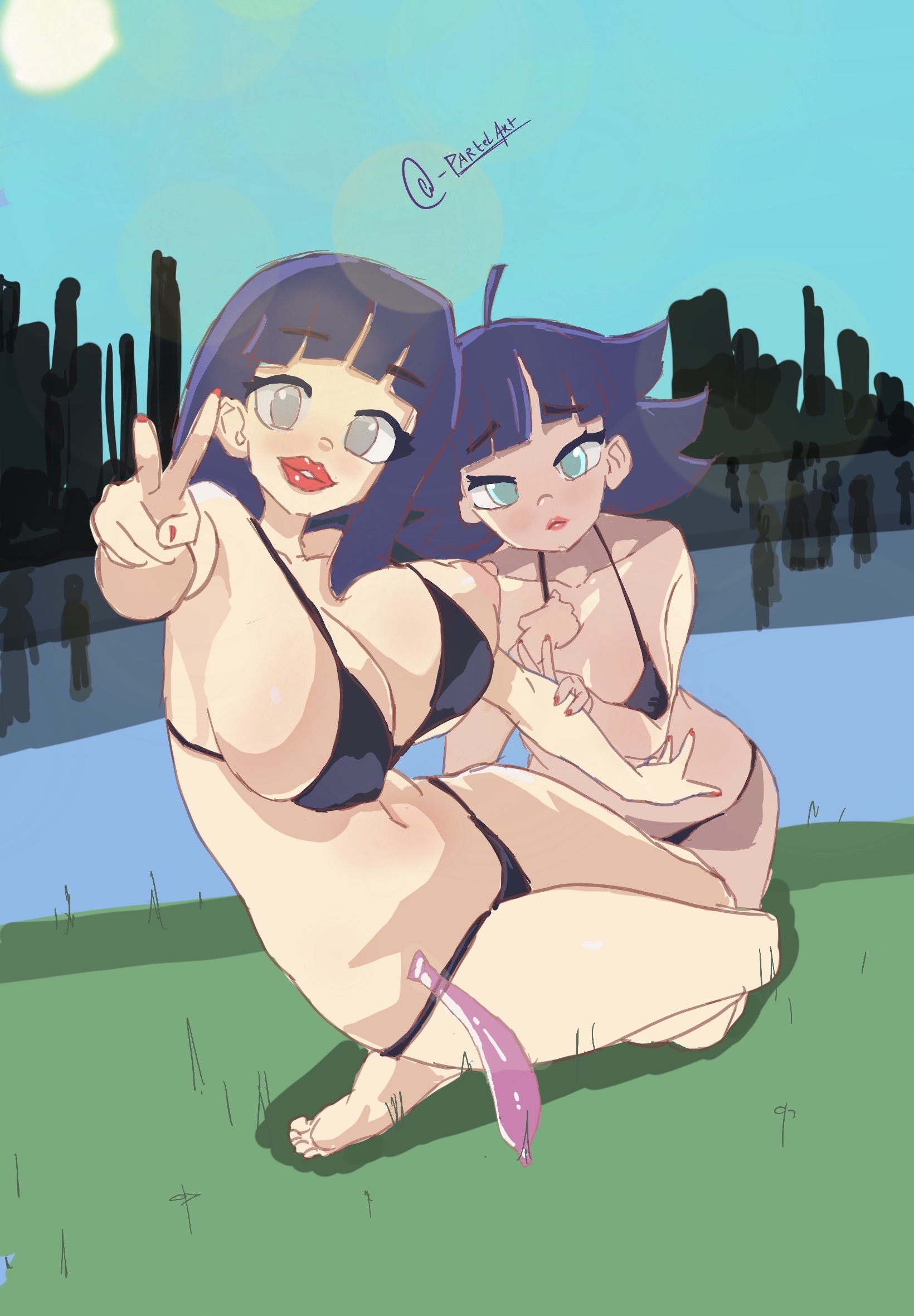 2girls, age difference, almost naked, alternate breast size, barefoot, big breasts, bikini, bikini bottom, bikini top, bimbo, black bikini, black panties, black swimsuit, black thong, blue eyes, blue hair, blush, boruto: naruto next generations, breast size difference, breasts, busty, clothing, condom, condom balloon, cute, daughter, feet, female, female focus, female only, g-string, hyuuga hinata, kneeling, large breasts, light skin, light-skinned female, lips, lipstick, looking at viewer, makeup, mature, mature female, micro bikini, milf, mother, mother and daughter, naruto, naruto (series), naruto shippuden, naruto: the last, on knees, on side, painted nails, pale skin, pale-skinned female, partelart, partially clothed, peace sign, petite, pink lips, pink lipstick, pose, posing, purple eyes, shounen jump, sitting, skimpy, skimpy bikini, small breasts, soles, swimsuit, teenager, thong, toes, traced, traced art, used condom, uzumaki himawari, uzumaki hinata