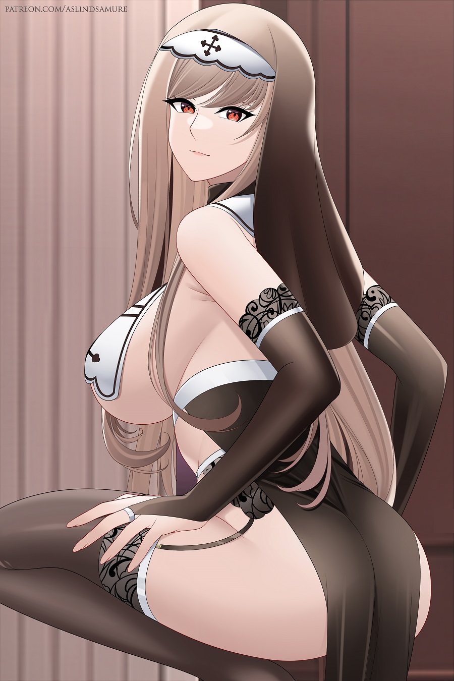 1girls, aslindsamure, ass, bangs, bare shoulders, black gloves, black legwear, breasts, bridal veil, brown hair, capelet, costume, cross, female, garter belt, garter straps, gloves, goddess of victory: nikke, hand on leg, large breasts, legwear, long hair, looking at viewer, nun, parted lips, rapi (nikke), red eyes, sideboob, sleeveless, squatting, stockings, thighhighs, thighs, underboob, veil, white capelet