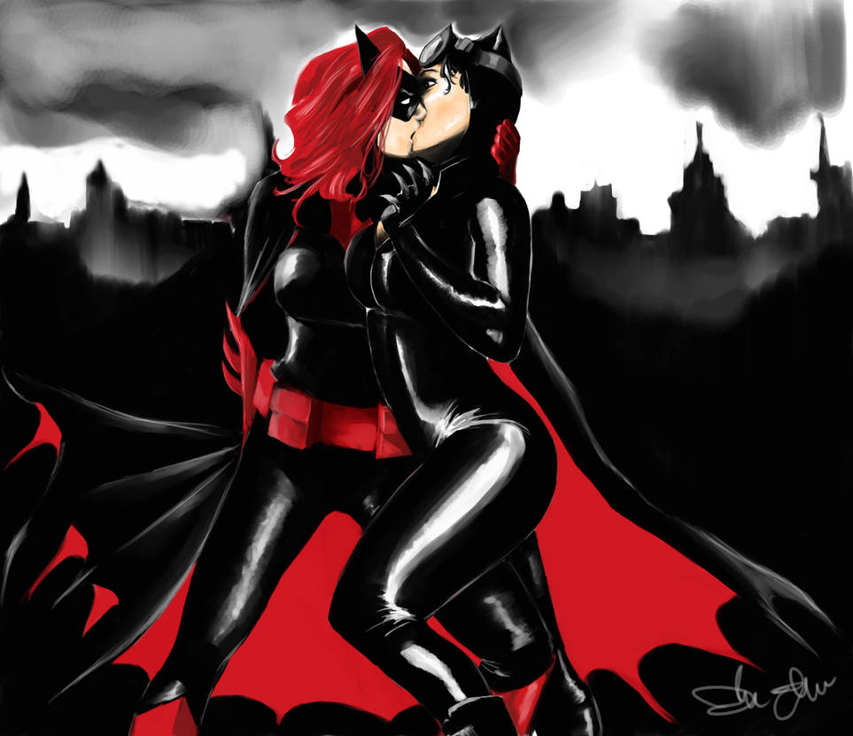 2girls, batman (series), batwoman, catwoman, curvy, curvy female, dc, dc comics, duo, female, female only, female/female, johnyandall, kate kane, kissing, latex, lesbian, lesbian kiss, lesbians, light skin, light-skinned female, red hair, selina kyle, superheroine, tight clothing, villain, villainess, wide hips, yuri