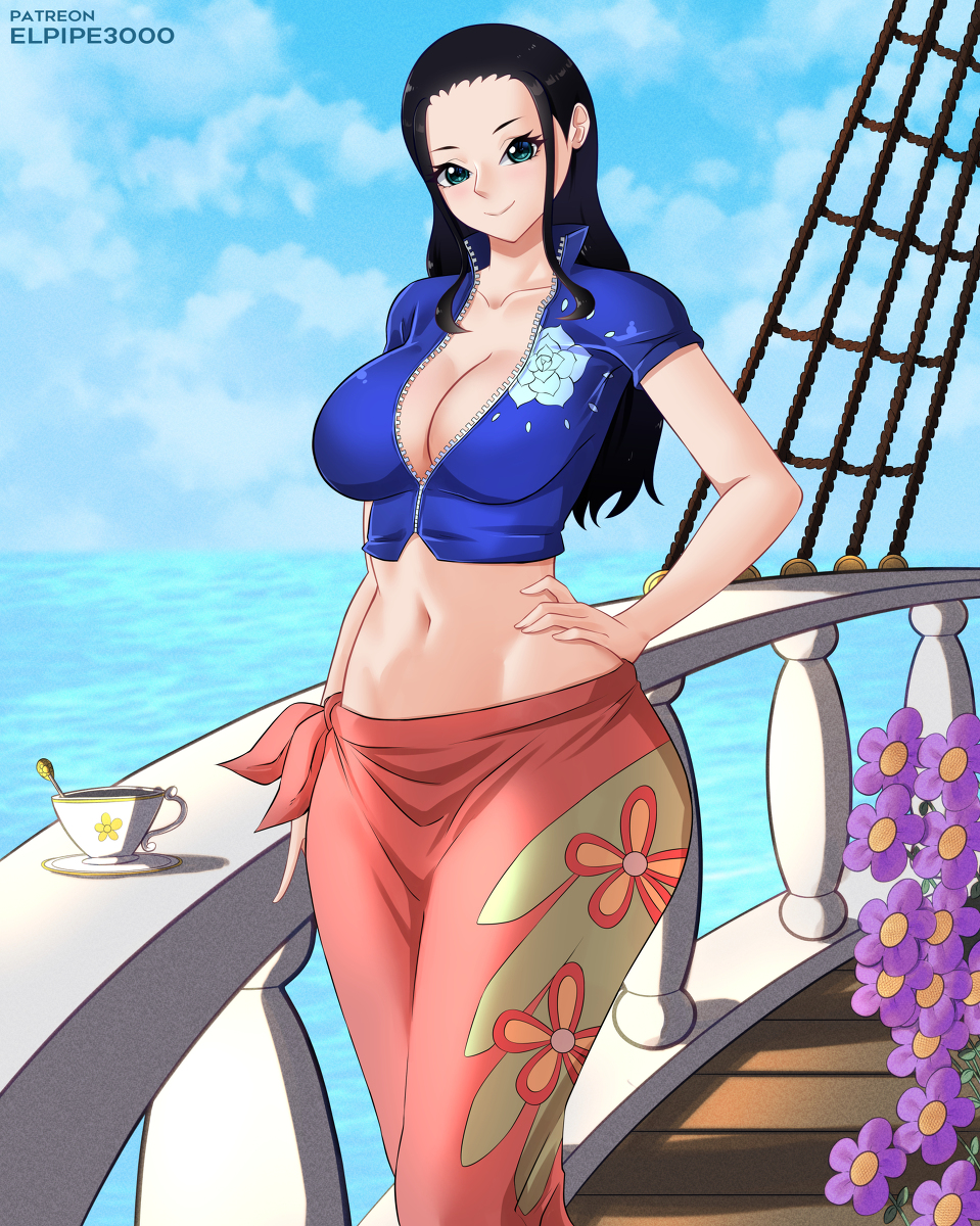 1girls, ass, black hair, black-haired female, breasts, elpipe3000, female, female only, inner sideboob, midriff, navel, nico robin, one piece, post-timeskip, sideboob, zipper down, zipper pull tab