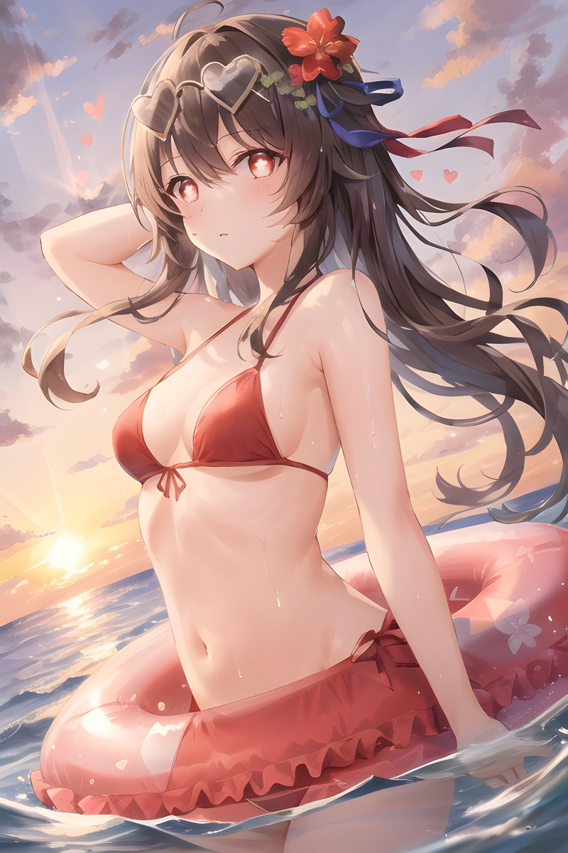 artist request, beach, bikini, blush, breasts, brown hair, eyewear on head, female, genshin impact, hu tao (genshin impact), ocean, red eyes, shy, small breasts, sunglasses, sunglasses on head, sunset, water