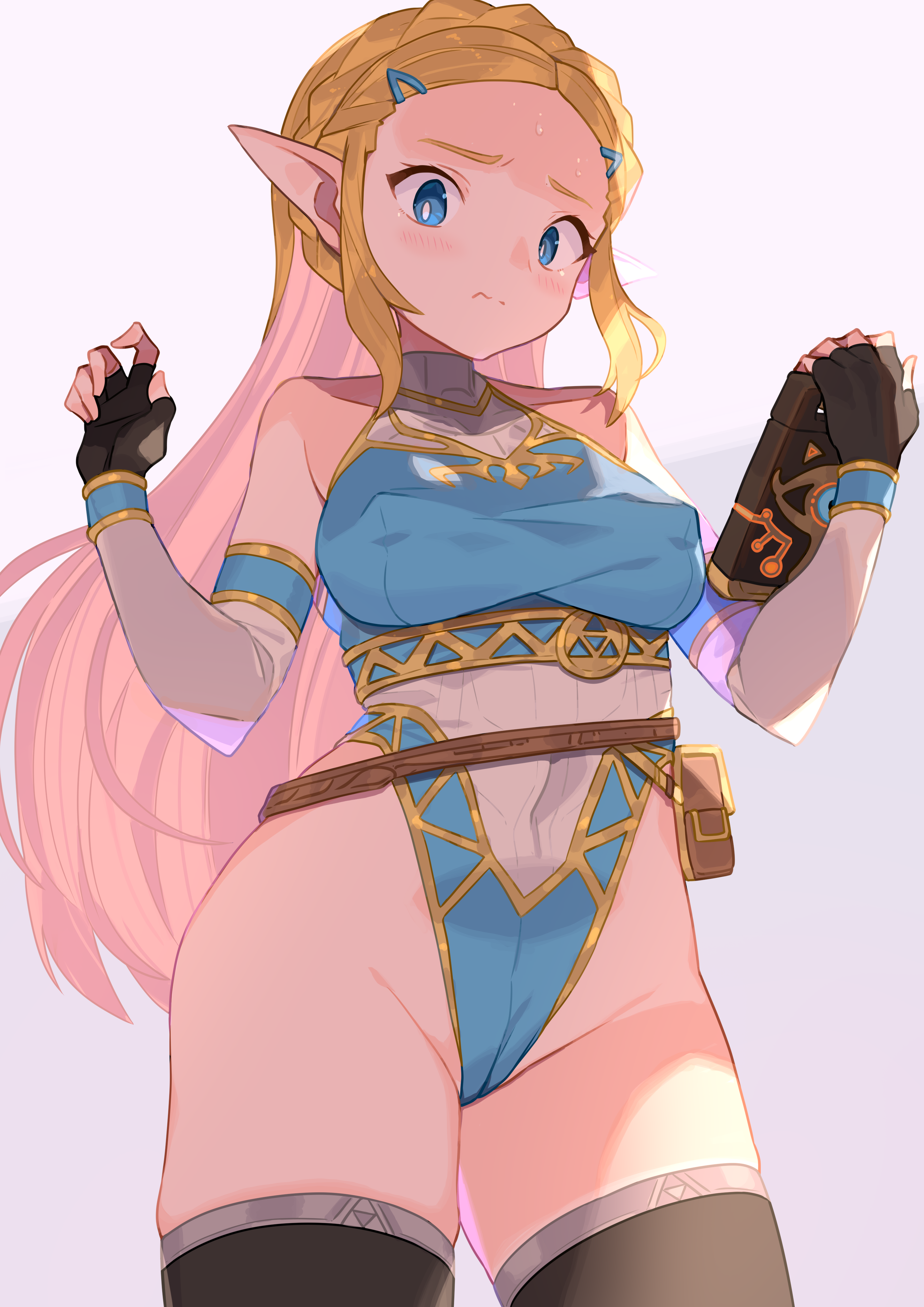 1girls, alternate version available, bare hips, bare shoulders, blonde hair, blue eyes, blush, braid, breasts, breath of the wild, cameltoe, closed mouth, collarbone, covered navel, covered nipples, cowboy shot, crown braid, detached sleeves, erect nipples, erect nipples under clothes, female, female only, fingerless gloves, forehead, from below, gloves, groin, hands up, hi res, high collar, high resolution, highleg, highleg leotard, highres, leotard, long hair, looking at viewer, medium breasts, nintendo, nipple bulge, nipples, pale skin, partially visible vulva, pointy ears, princess zelda, pussy, sidelocks, simple background, solo, spring2013, teenager, the legend of zelda, the legend of zelda: breath of the wild, thighhighs, tight clothing, wide eyed, zelda (breath of the wild)