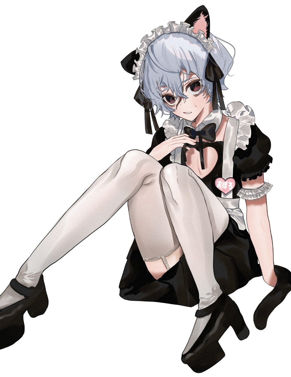 aged_down alternate_costume blush bowtie cat_ears cat_tail catboy cleavage_cutout crossdressing embarrassed facial_scar femboy full_body fully_clothed garter_straps gintama looking_at_viewer maid maid_headdress maid_uniform male male_only name_tag oboro_(gintama) platform_footwear red_eyes scar silver_hair sitting solo sweatdrop thighhighs trap twink wavy_hair white_legwear white_thighhighs winuyama