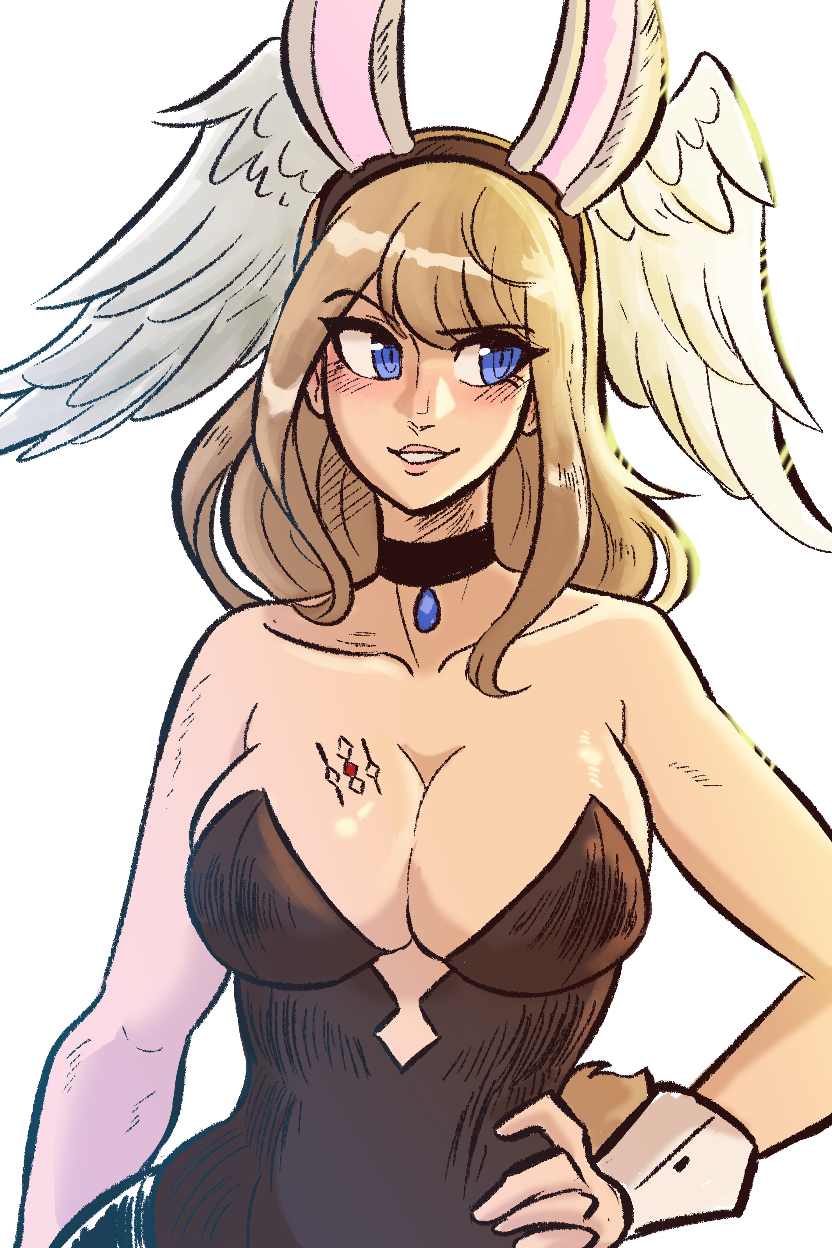 alternate costume, breasts, bunnysuit, eunie (xenoblade), female, female only, latex, light skin, light-skinned female, nintendo, scruffyturtles, shiny clothes, solo, solo female, tagme, tattoo, tight clothing, wings, wings on head, xenoblade (series), xenoblade chronicles 3