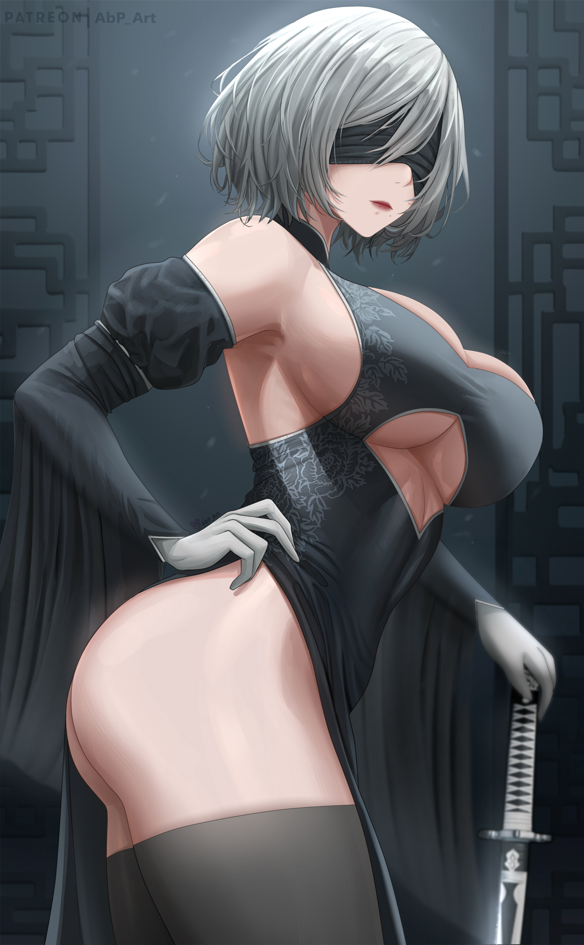 1girls, abp art, android, android girl, ass, blindfold, breasts, china dress, dress, female, hartman hips, hips, hourglass figure, large ass, large breasts, light skin, light-skinned female, nier, nier: automata, short hair, sword, thick thighs, thighhighs, thighs, thunder thighs, thunderthighs, white hair, wide hips, yorha 2b