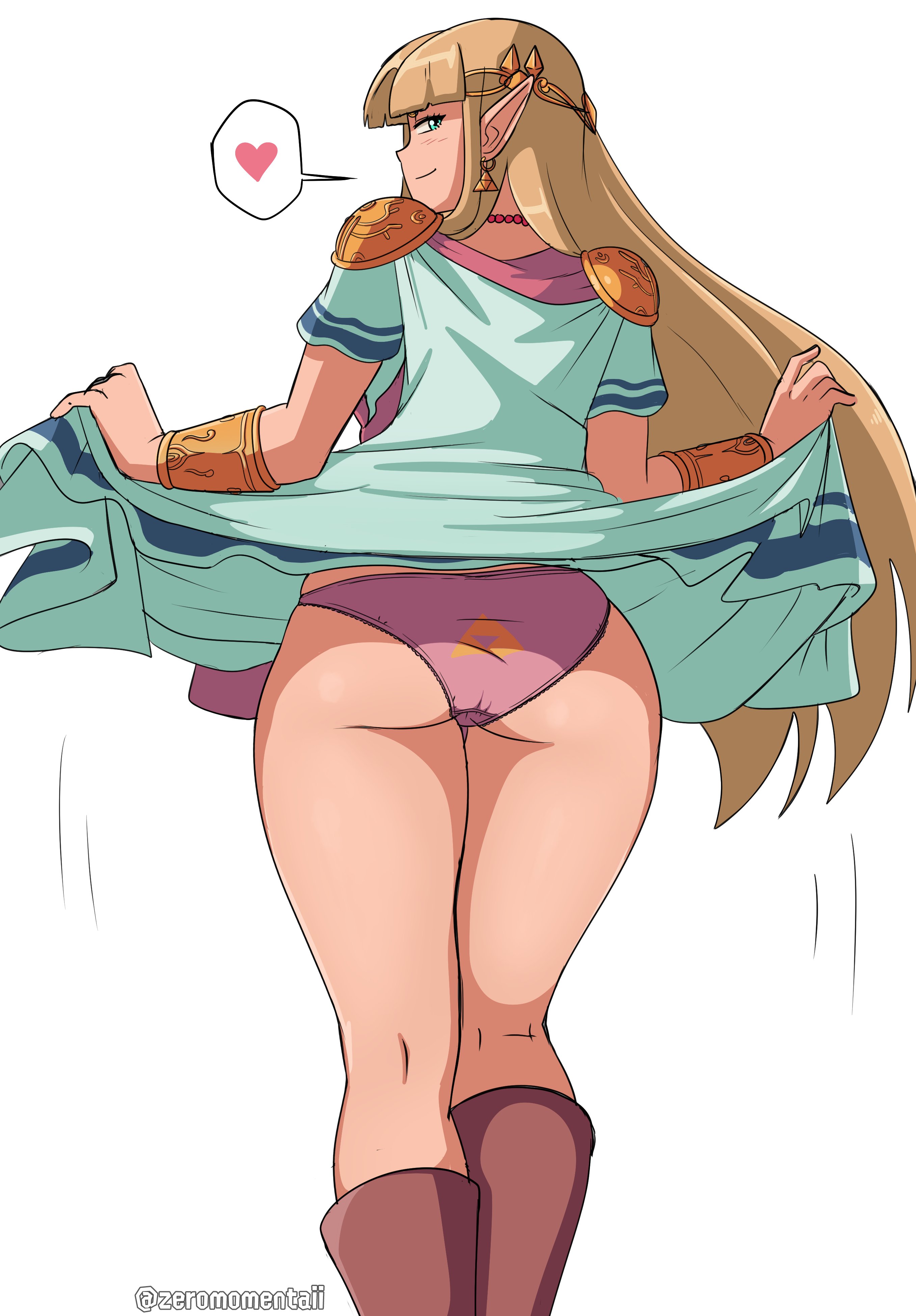 1girls, a link between worlds, ass, ass focus, big ass, blonde hair, blue eyes, blush, dress, dress lift, ear piercing, earrings, female, female only, flashing, footwear, hair, legs, long hair, looking back, nintendo, panties, pantyshot, pink panties, pointy ears, princess zelda, speech bubble, spoken heart, the legend of zelda, thighs, triforce earrings, zelda (a link between worlds), zeromomentai