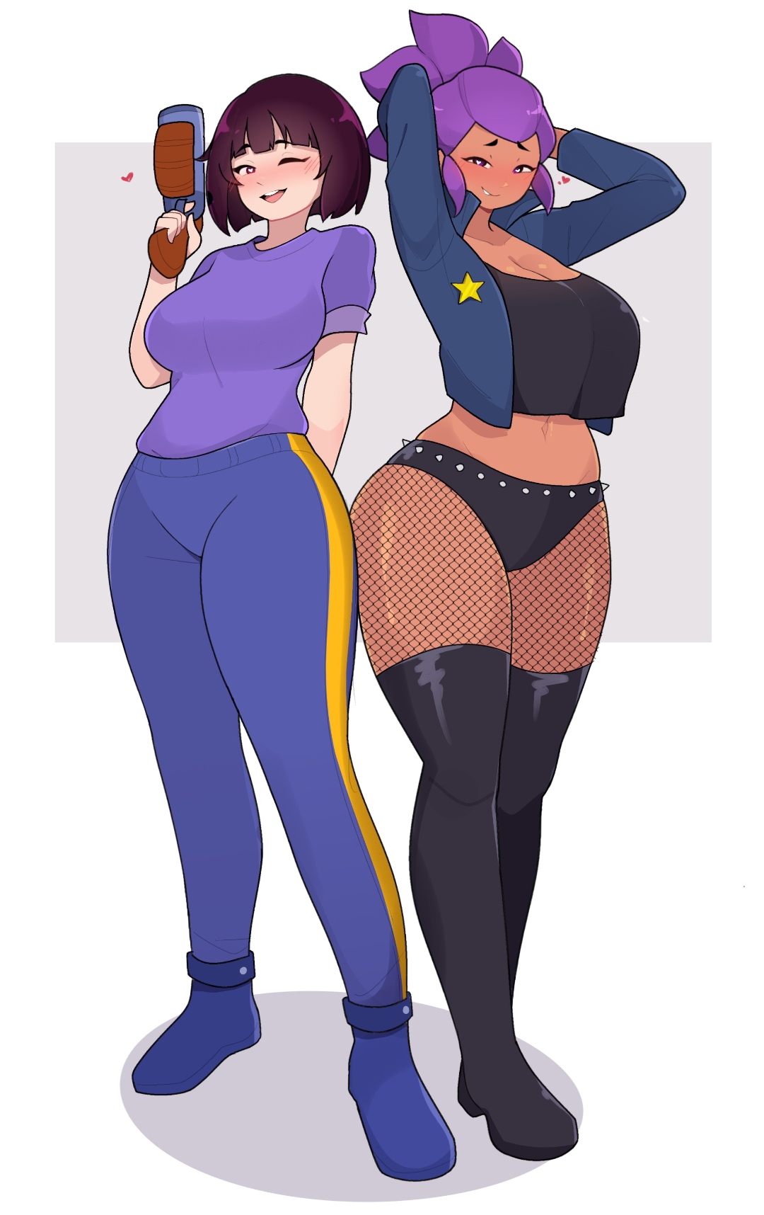 2girls, alternate version available, brawl stars, female, female only, heart-shaped pupils, original character, roixy nsfw, shelly (brawl stars), supercell, thick thighs