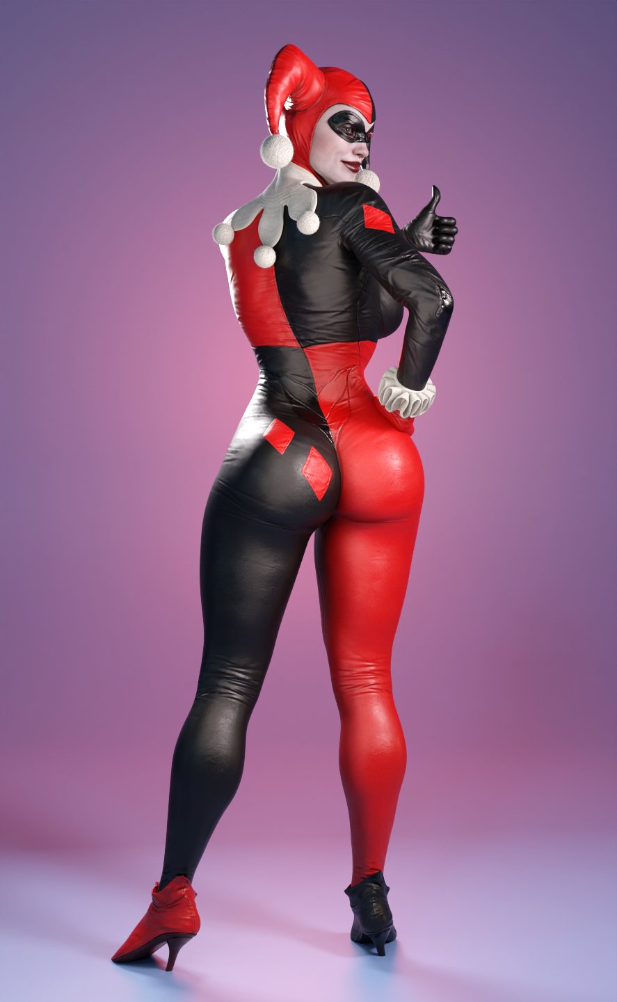 1girls, 3d, 3d (artwork), artist name, ass, athletic, athletic female, back view, batman (series), big ass, big breasts, bodysuit, breasts, busty, curvaceous, curvy, curvy figure, dc, dc comics, eyes, female, female only, fit, fit female, harley quinn, harley quinn (classic), harley quinn (injustice), hips, hourglass figure, injustice 2, legs, lips, looking at viewer, looking back, makeup, pink background, rear view, simple background, smitty34, solo, solo female, thighs, thumbs up, villain, villainess, watermark