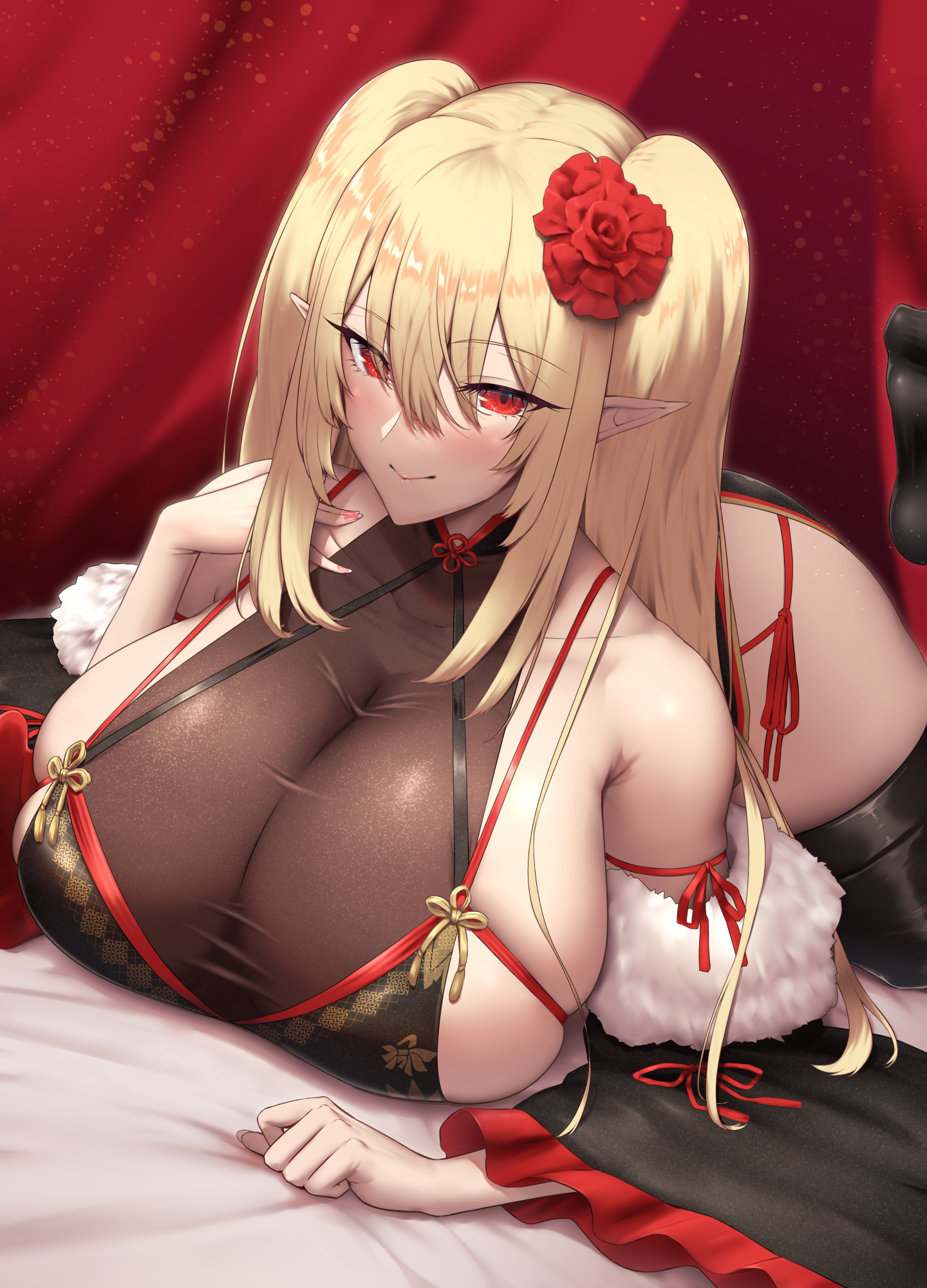 1girls, blonde hair, breasts, cleavage, copyright request, female, flower hair ornament, hair ornament, huge breasts, light skin, light-skinned female, long hair, massive breasts, naughty face, numako (pizza kanon), red eyes, shiroshisu, smile, thick thighs, thighs, twintails, wide hips