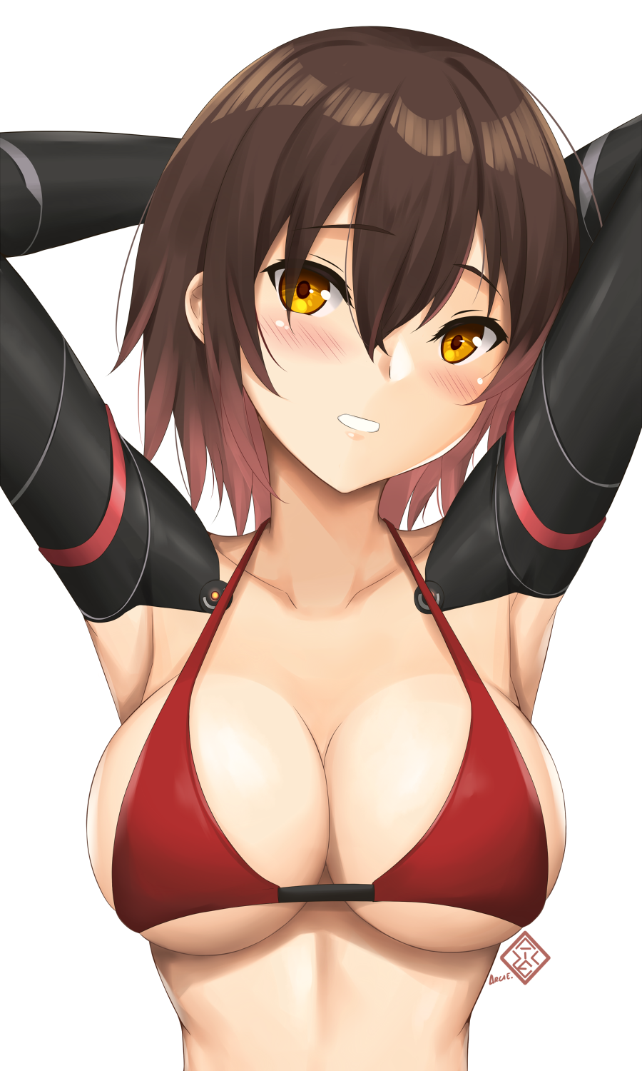 alternate_costume arciealbano armpits arms_up artist_logo bikini bikini_top_only blush breasts brown_hair cleavage female gradient_hair highres hololive hololive_gen_0 hololive_japan large_breasts looking_at_viewer mechanical_arms multicolored_hair red_bikini roboco-san short_hair simple_background smile solo swimsuit teeth virtual_youtuber white_background yellow_eyes