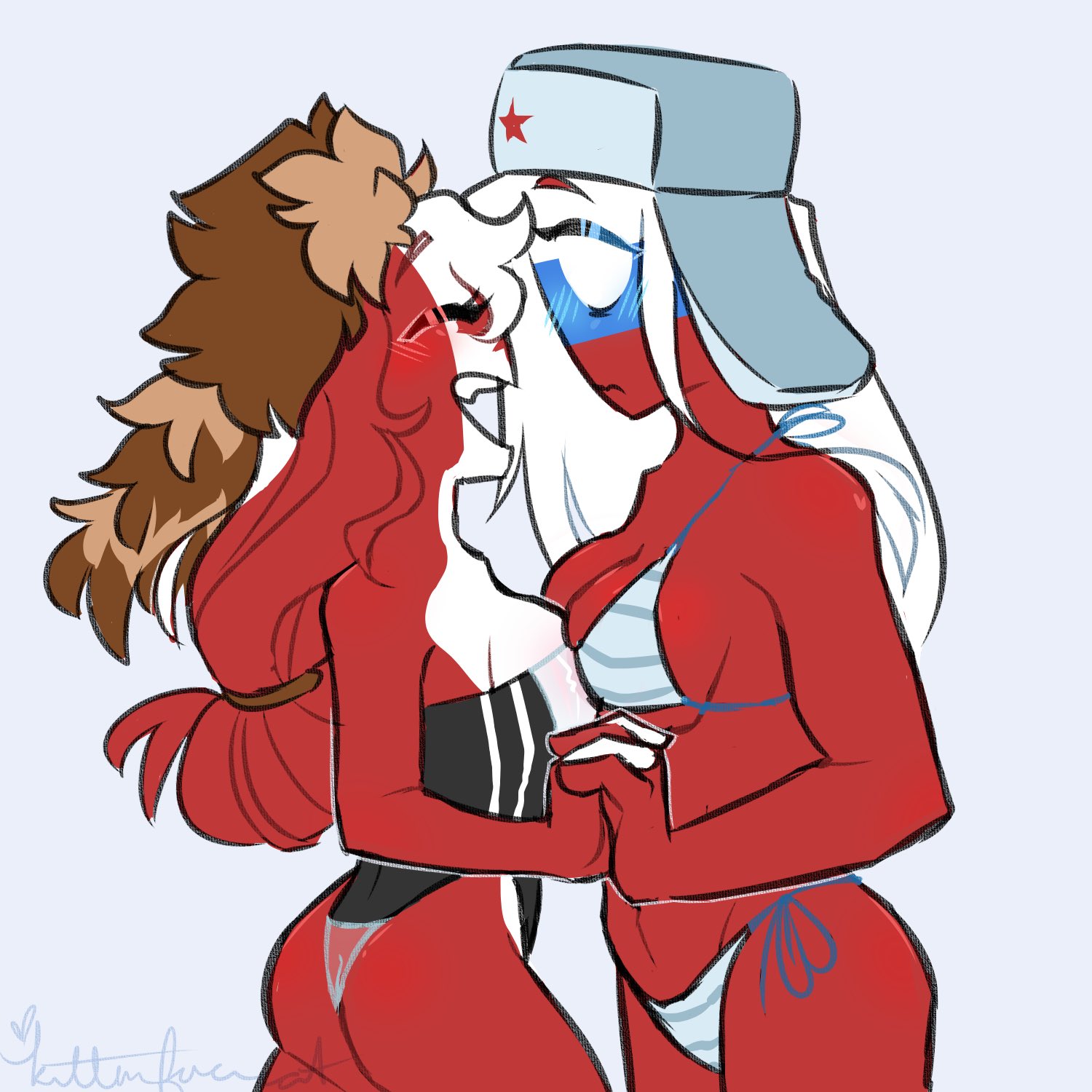 2girls, anthro, bikini, canada (countryhumans), clothing, countryhumans, countryhumans girl, female, female only, kittenfacesins, russia (countryhumans), swimsuit, swimwear, yuri
