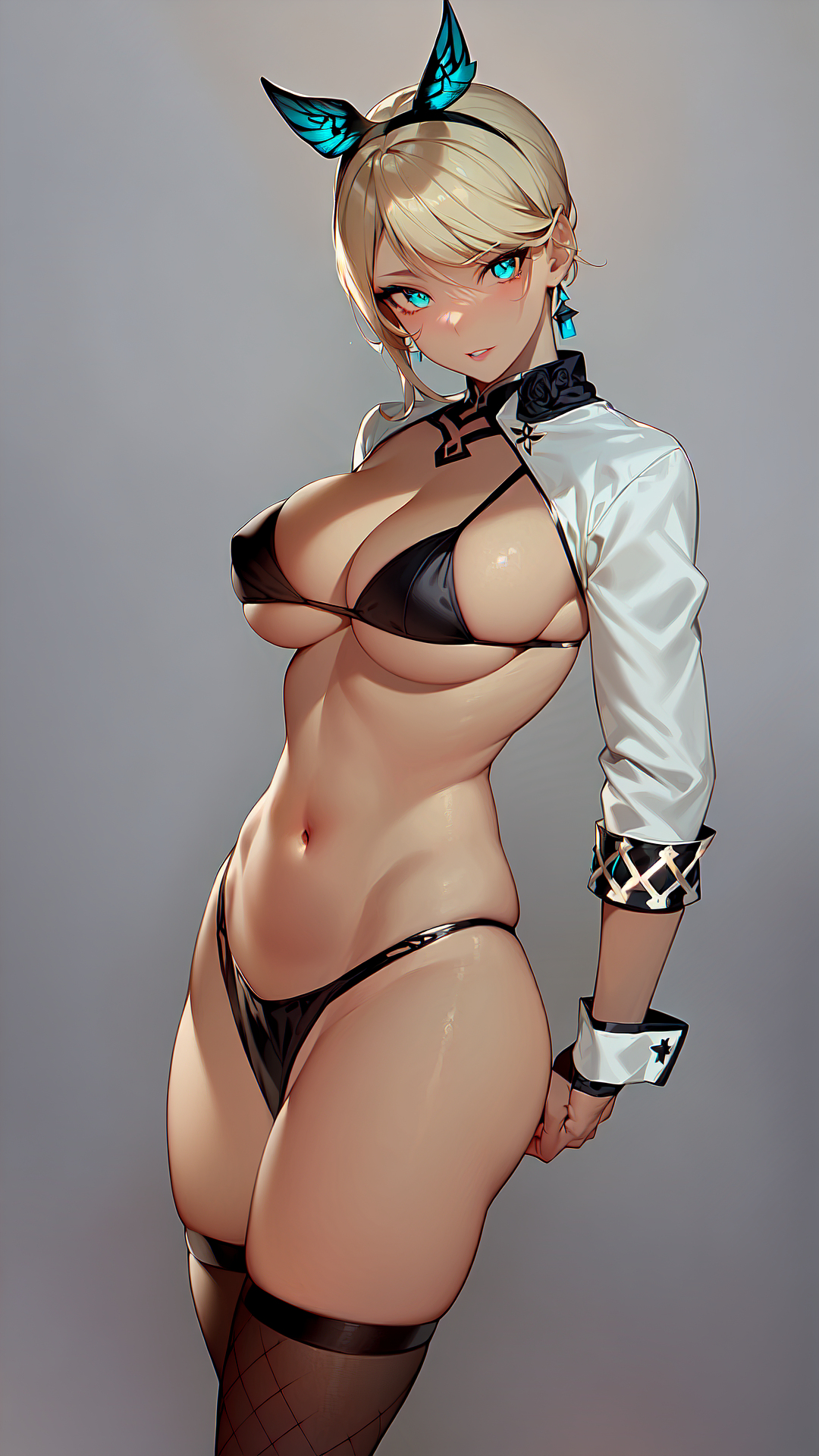 1girls, 2020s, 2023, ai generated, big breasts, black bra, blonde hair, blue eyes, breasts, curvaceous, curvy, curvy female, female, female focus, female only, headwear, high resolution, highres, kneehighs, short hair, short jacket, stable diffusion, voluptuous female