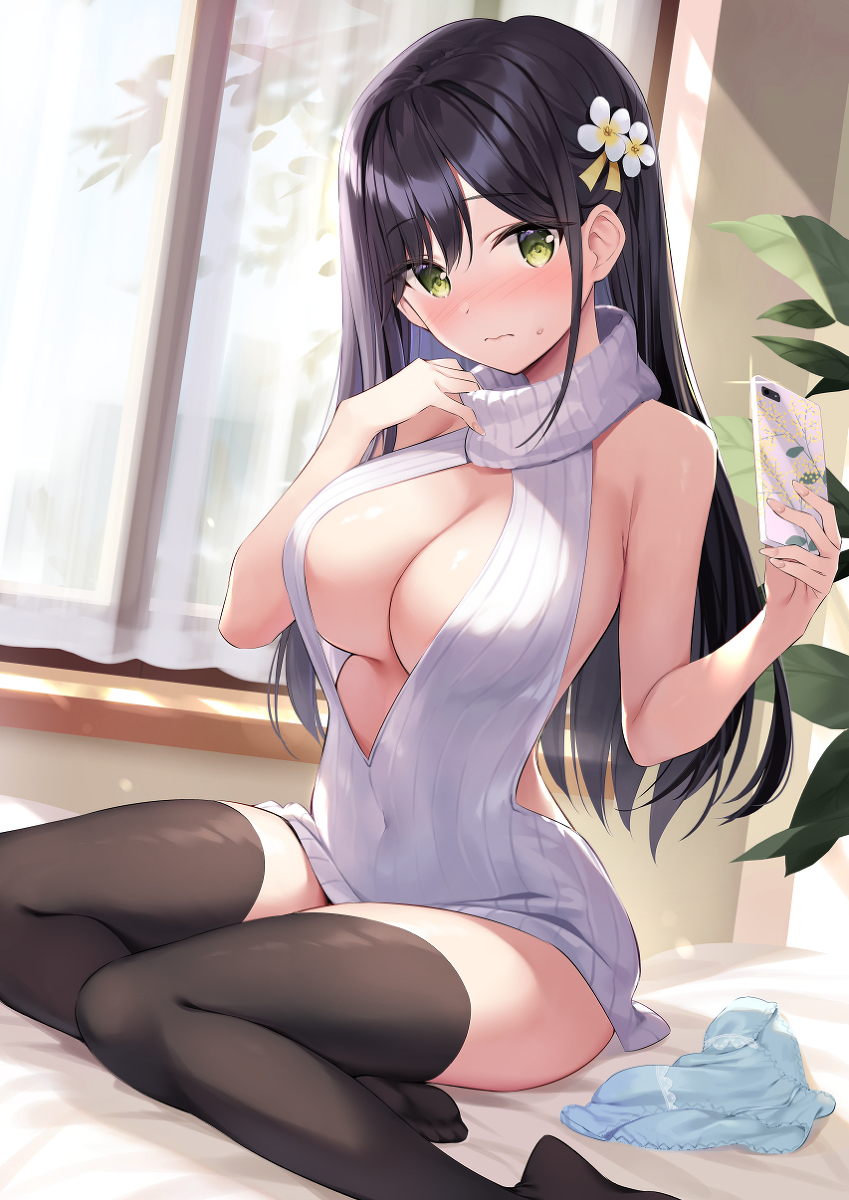 big_breasts blush cleavage cleavage_cutout embarrassed green_eyes long_hair original original_character oryou panties selfie sweater thighhighs virgin_killer_sweater