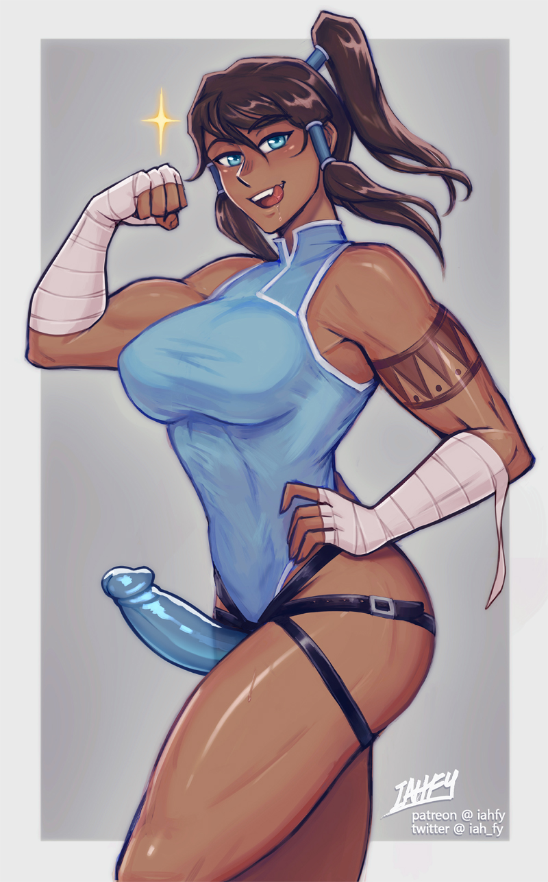 1girls aqua_eyes artist_name avatar_legends bare_shoulders blue_dildo blue_leotard blue_strap-on breasts brown_hair clenched_hand clothing commentary dark-skinned_female dark_skin dildo english_commentary female grey_background hair_tubes hand_on_hip hand_wraps highres iahfy korra large_breasts leotard licking_lips long_hair looking_at_viewer muscular muscular_female naughty_face open_mouth owler ponytail sex_toy simple_background smile solo sparkle strap-on strap-on_dildo tattoo the_avatar the_legend_of_korra thighs tongue tongue_out water_tribe wrist_wrap