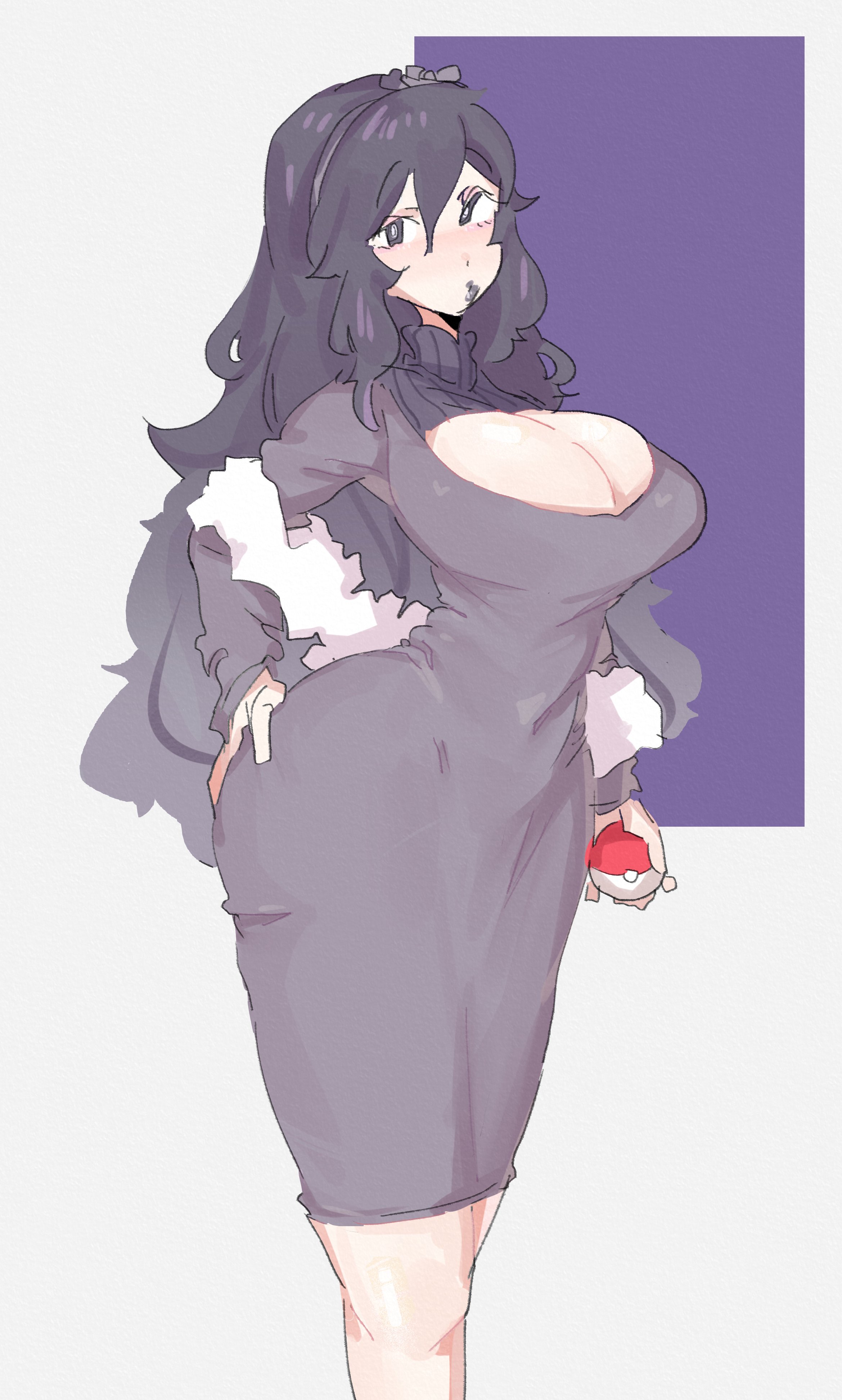 1girls, about to burst, barely contained, barely contained breasts, barely fits, big breasts, black lips, black lipstick, breasts, breasts too big, bursting breasts, cleavage, dress, female, female only, game freak, hair, hand on hip, headwear, hex maniac, hips, huge breasts, imminent wardrobe malfunction, inconvenient breasts, leebongchun, lips, lipstick, long hair, mature, mature female, overflowing breasts, pokeball, pokemon, pokemon xy, purple dress, purple eyes, purple hair, solo, solo female, straining clothing, tight clothes, tight clothing, tight fit, too tight, undersized clothes, undersized clothing