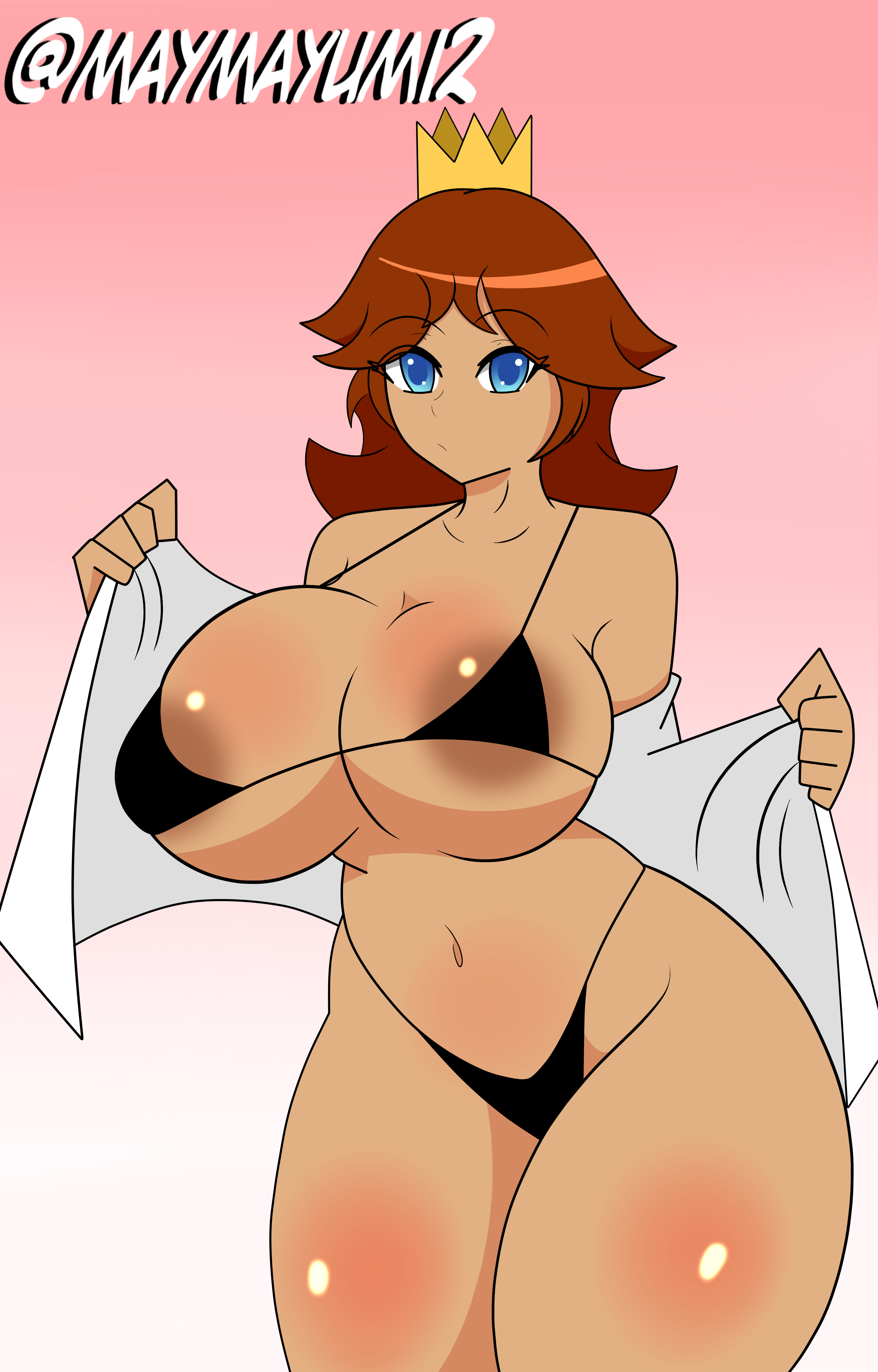 1girls, areolae, big breasts, bikini, bikini bottom, bikini top, black bikini, black body, blue eyes, breasts, brown hair, busty, crown, female, female only, gradient background, huge breasts, large breasts, looking at viewer, mario (series), maymayumi2, pink background, princess daisy, simple background, solo, standing, swimsuit, tan skin, towel