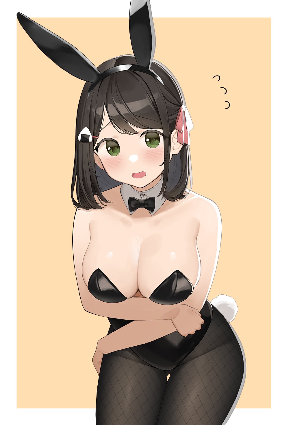 big_breasts black_hair bunny_ears bunny_girl bunny_tail bunnysuit cleavage embarrassed ol_mahonanoka original original_character short_hair