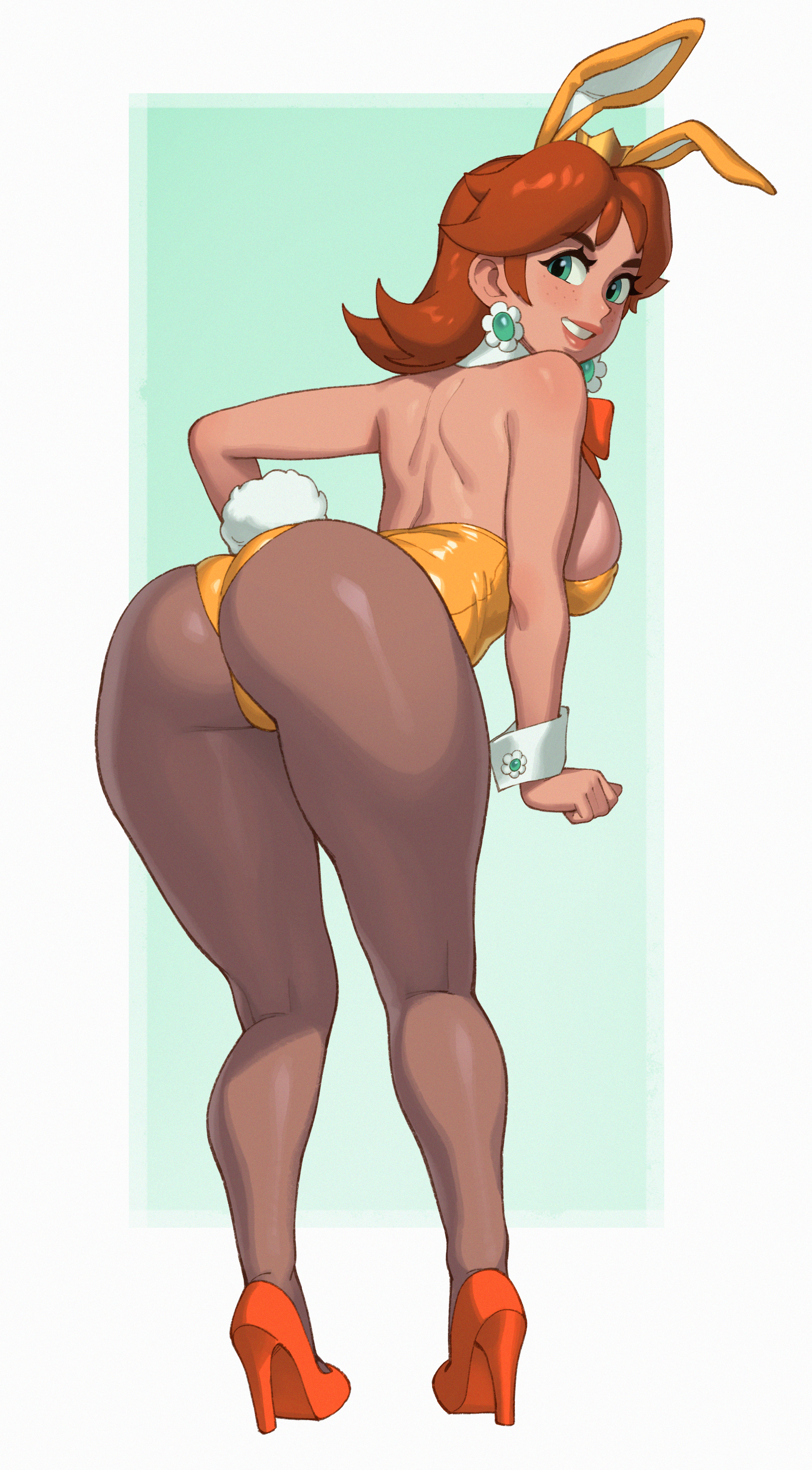 1girls, animal ears, ass, backboob, bent over, big ass, big breasts, big butt, bimbo, blue eyes, bottom heavy, breasts, brown hair, bunny ears, bunnysuit, curvy, fake animal ears, female, full body, fully clothed, high heels, large breasts, leotard, looking back, mario (series), nintendo, pantyhose, playboy bunny, princess daisy, rizdraws, solo, source request, standing, thick ass, thick thighs, voluptuous, year of the rabbit