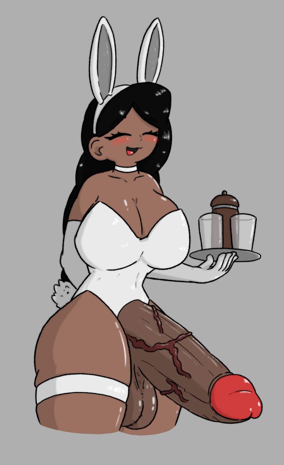 1futa 1stborn_failure balls big_breasts black_hair blush breasts bunnysuit choker clothed clothing dark-skinned_futanari dark_skin erection futa_only futanari huge_breasts huge_cock human long_hair mostly_clothed new_year penis smile solo standing thick_thighs waitress wide_hips year_of_the_rabbit