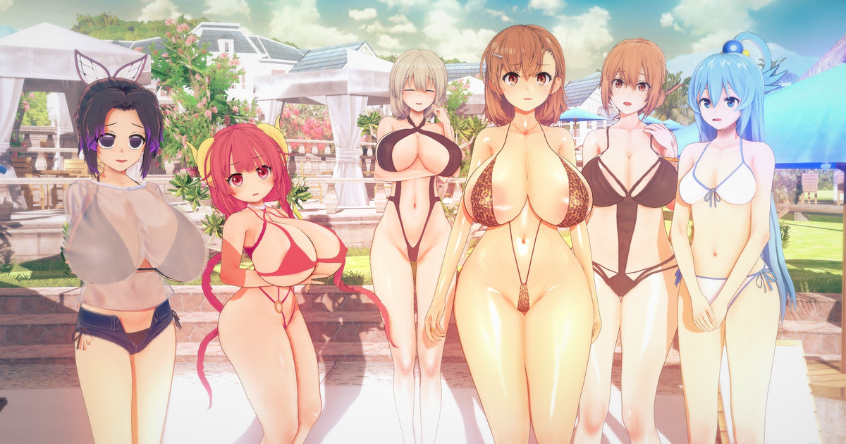 3d, 6+girls, alternate body type, alternate breast size, aqua (konosuba), arm under breasts, bikini, blue eyes, breast hold, breasts, brown hair, child bearing hips, cleavage, crossover, demon slayer, denim shorts, female, female only, grey hair, hair bun, hips, huge breasts, ilulu (dragon maid), kimetsu no yaiba, kobayashi-san chi no maidragon, kochou shinobu, kono subarashii sekai ni shukufuku wo!, large breasts, legs, looking at viewer, mature, mature female, milf, misaka mikoto, miss kobayashi's dragon maid, navel, pink eyes, pink hair, purple eyes, purple hair, see-through, shirt, short hair, shorts, sling bikini, smile, take your pick, thick thighs, thighs, to aru kagaku no railgun, to aru majutsu no index, unbuttoned, unzipped, uzaki tsuki, uzaki-chan wa asobitai!, voluptuous, wide hips