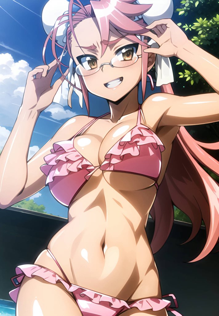 1girls, ai generated, artist request, big breasts, bikini, breasts, busty, cleavage, female, female only, highschool of the dead, large breasts, legs, long hair, navel, pink bikini, pink hair, saya takagi, smile, thighs, voluptuous
