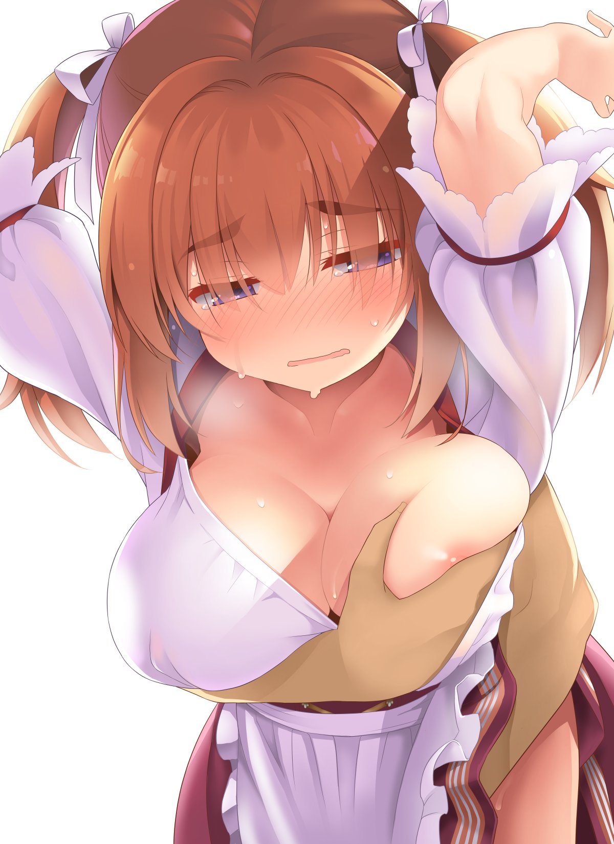 1boy apron arm_between_breasts arms_up bangs between_breasts breast_grab breasts cafe_stella_to_shinigami_no_chou cleavage cleavage_cutout clothing_cutout collarbone commentary covered_nipples eyes_visible_through_hair female fingering foreplay frilled_apron frilled_sleeves frills furrowed_brow grabbing hair_between_eyes hair_ribbon half-closed_eyes highres hug hug_from_behind large_breasts leaning_forward long_hair nipple_slip nipples open_mouth orange_hair puffy_short_sleeves puffy_sleeves purple_eyes red_skirt ribbon shirt short_sleeves sidelocks simple_background skirt solo straight sumizome_nozomi sweat tatsuya_(trypaint) thick_eyebrows twintails upper_body waitress wavy_mouth white_apron white_background white_ribbon white_shirt