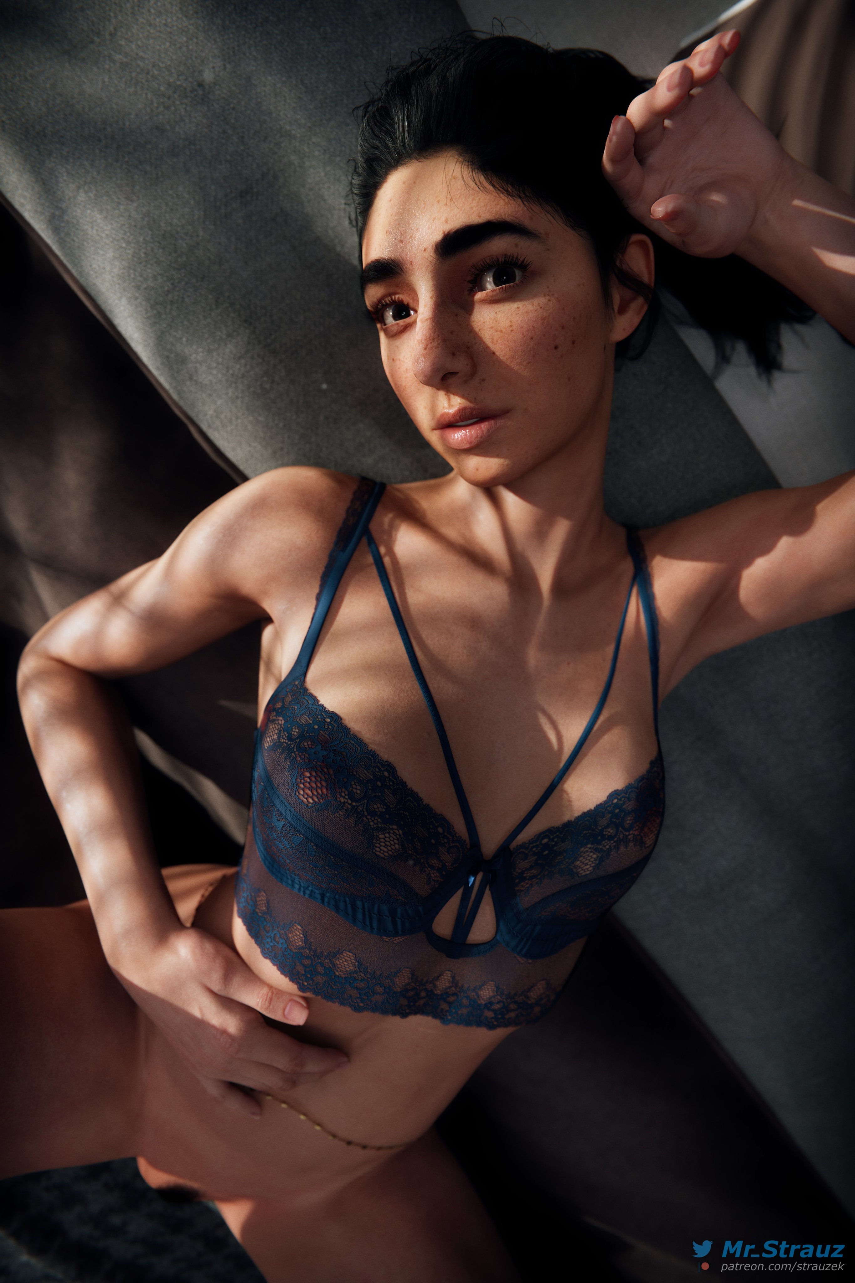 1girls, 3d, armpits, bed, bed sheet, bedroom, black hair, blender, breasts, close-up, clothed, clothing, detailed background, dina (the last of us), female, female focus, female only, freckles, highres, jacket, laying down, laying on back, laying on bed, light skin, light-skinned female, long socks, looking at viewer, mostly nude, naughty dog, nipples, nude, nude female, on back, on bed, partially clothed, pillow, pose, posing, presenting, pubic hair, pussy, pussy lips, small breasts, socks, solo, solo female, solo focus, sony interactive entertainment, spread legs, strauzek, the last of us, the last of us 2, topless, vagina, viewed from above, watermark