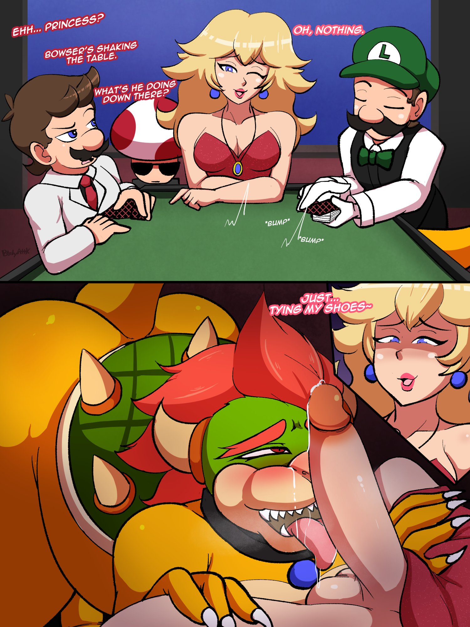1futa, 2021, 4boys, ass, balls, big ass, big penis, blonde hair, blue eyes, blush, bodyattk, bowser, breasts, brown hair, clothed, clothing, comic, dialogue, english text, erection, eyes mostly closed, futa on male, futa with male, futadom, futanari, group, hi res, horns, human, indoors, intersex, licking, licking penis, light skin, light-skinned futa, long hair, luigi, male, malesub, mario, mario (series), mostly clothed, mostly nude, moustache, narrowed eyes, nintendo, nude, nude male, one eye closed, open mouth, oral, penis, poker, princess peach, red eyes, red hair, red lipstick, sharp teeth, smug, stealth sex, text, toad (mario), tongue, tongue out, under the table