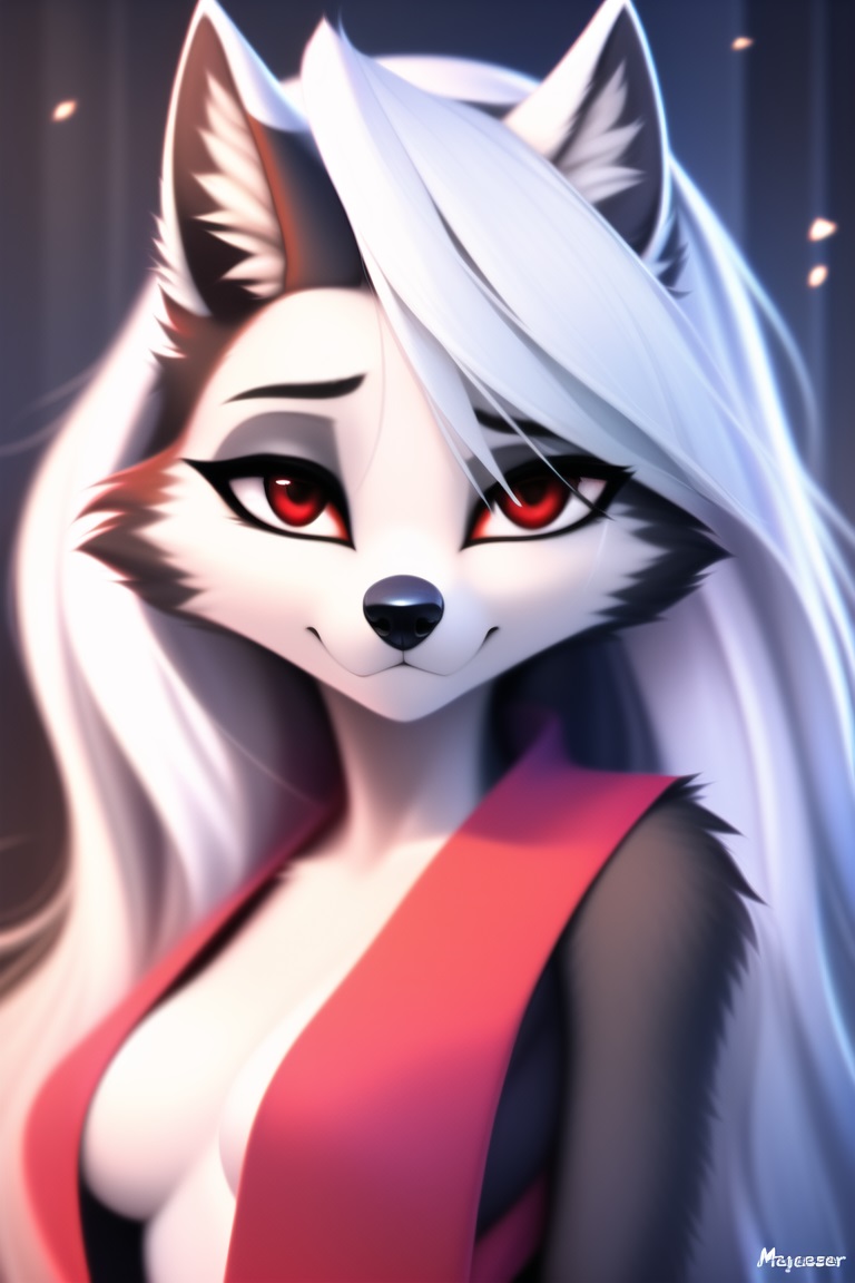 1girls, ai generated, breasts, female, furry, furry female, hardboildchicken, helluva boss, long hair, loona (helluva boss), red eyes, white hair, wolf ears, wolf girl