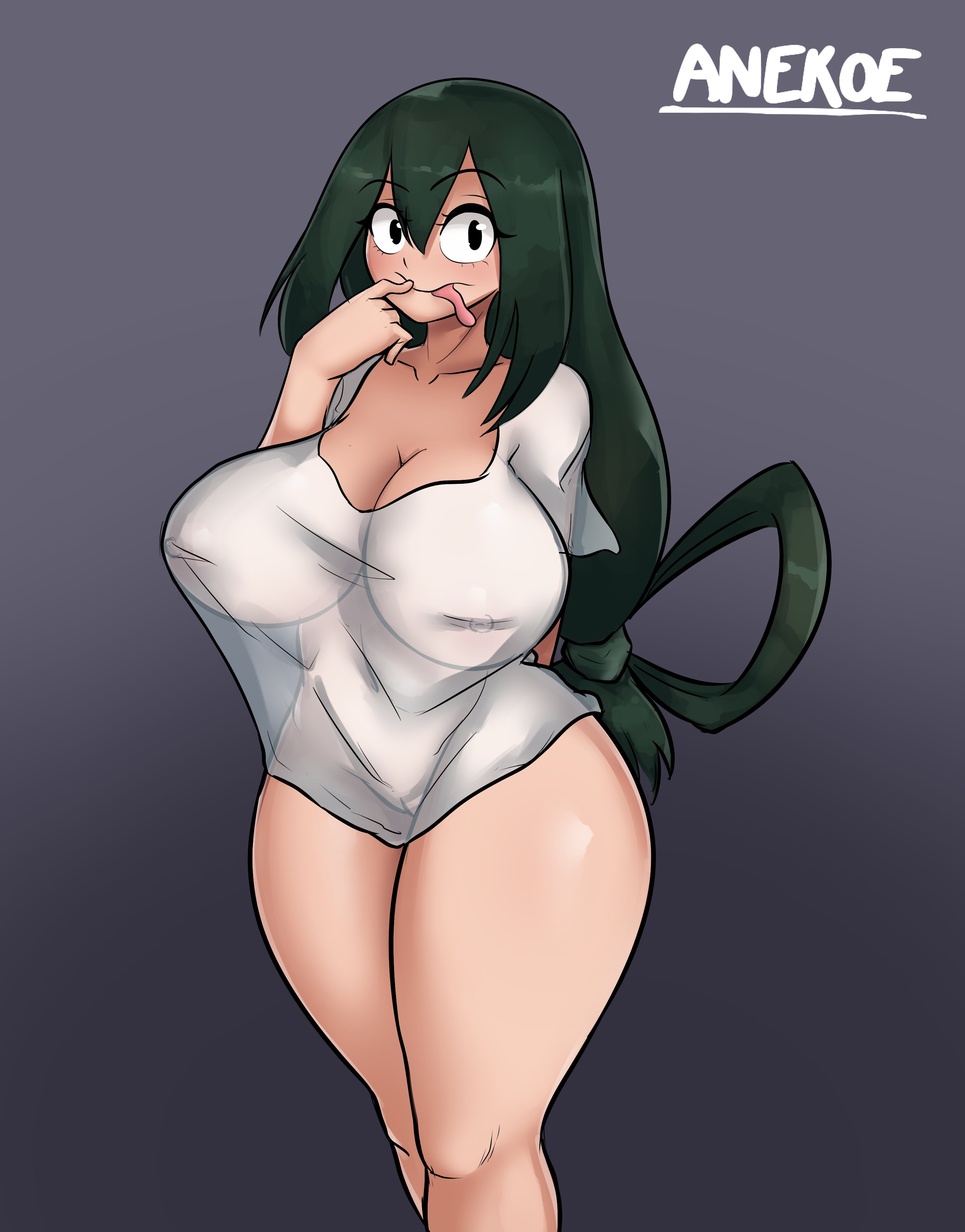 anekoe98, big breasts, black eyes, black hair, breasts, busty, female, frog girl, froppy, my hero academia, thick thighs, thighs, tongue, tongue out, tsuyu asui, wide hips