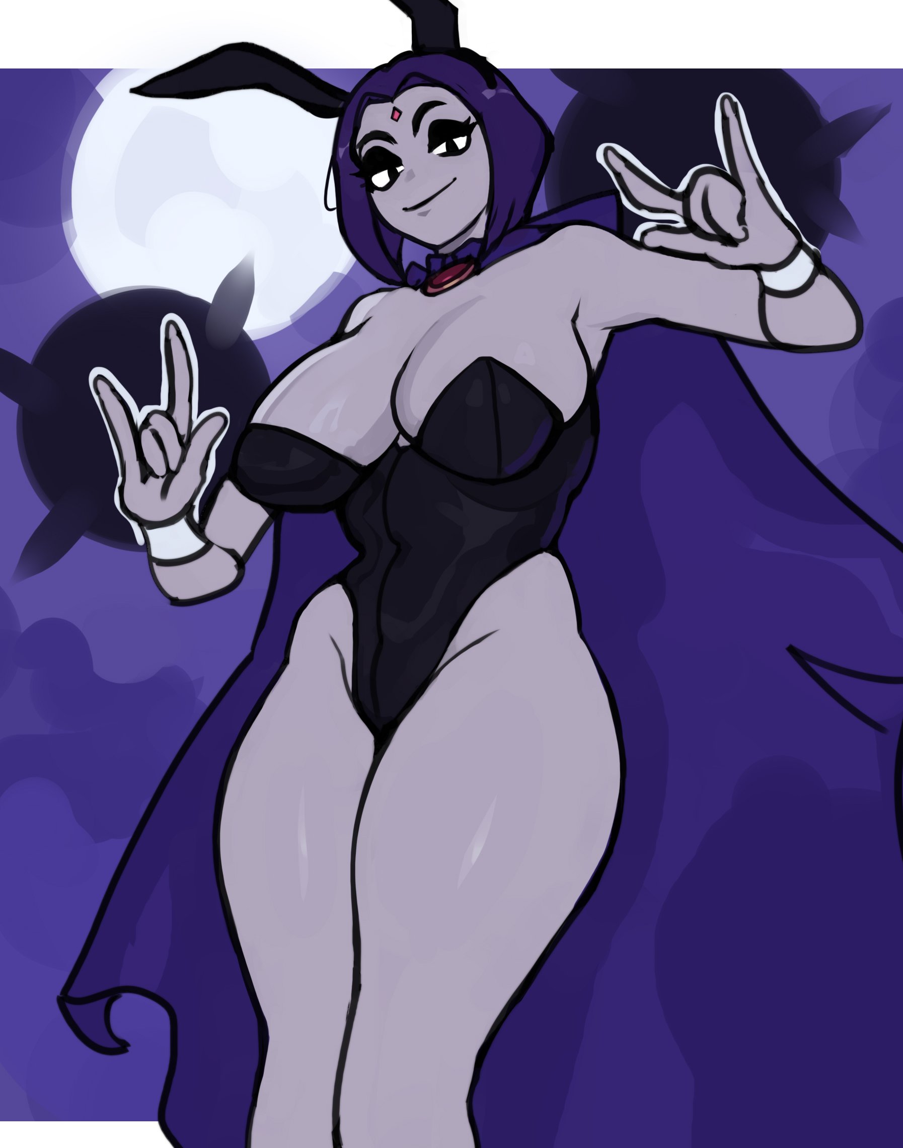 1girls, alternate version available, bare shoulders, big breasts, bowtie, breasts, bunny ears, bunny girl, bunnysuit, cape, cartoon network, cleavage, clothed, clothing, dc, dc comics, dolecat, female, female only, forehead jewel, grey skin, latex, looking at viewer, moon, navel, purple eyes, purple hair, rachel roth, raven (dc), shiny clothes, short hair, smile, solo, solo female, teen titans, tight clothing, wide hips