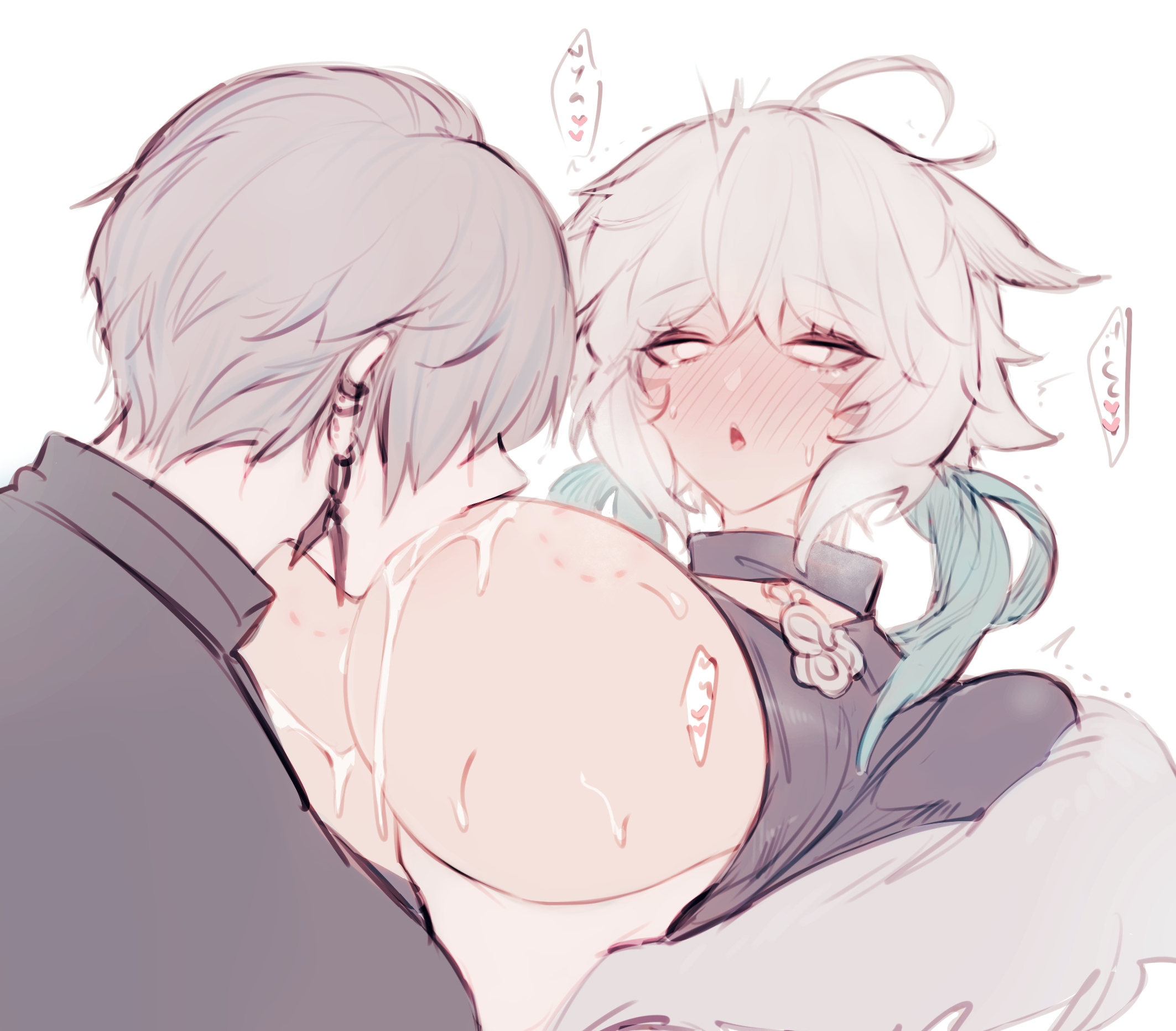 ahe gao, aroused, big breasts, bite mark, blush, breast grab, breast squeeze, breast sucking, breasts, breasts out, cat girl, catgirl, earrings, female, female on female, female only, final fantasy, final fantasy xiv, goth, goth girl, grey hair, heart, holding breast, hyur, japanese text, miqo'te, square enix, sucking, sucking nipples, white background, white hair, y'shtola, yuri, zero (ffxiv)