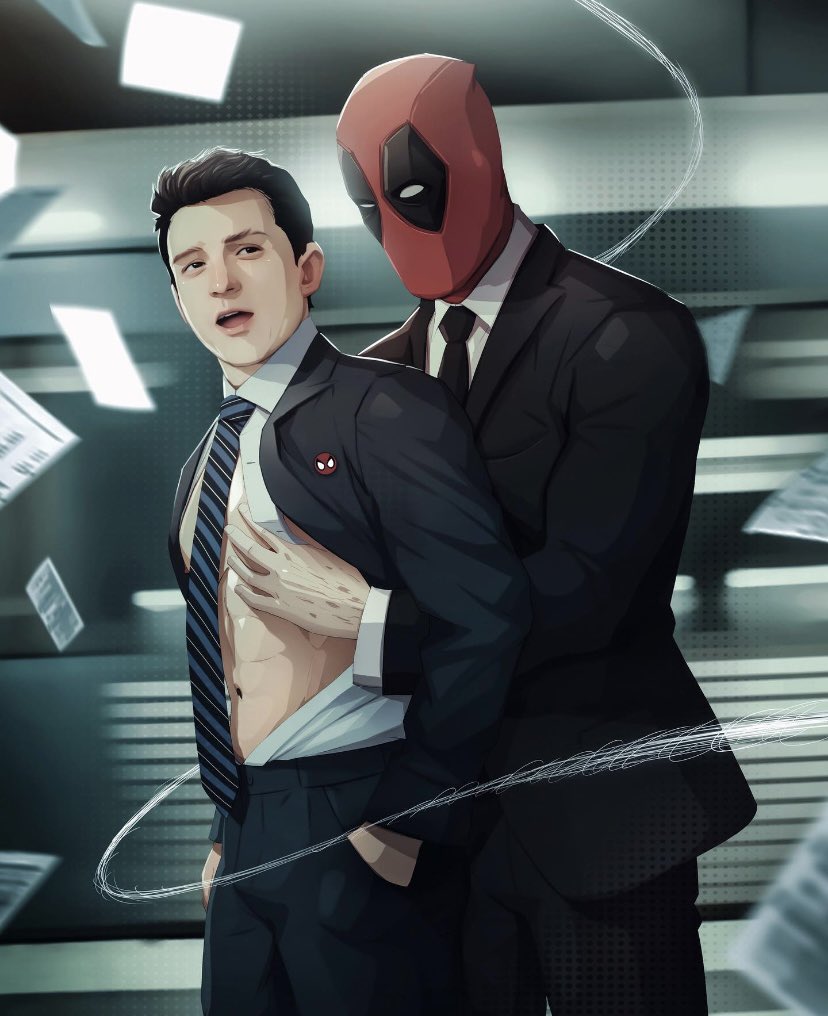 actor celebrity deadpool gay in_character male male_only marvel marvel_cinematic_universe muscles muscular muscular_male nerdyart non-nude open_shirt pec_grab peter_parker spider-man spider-man_(tom_holland) suit tom_holland wade_wilson