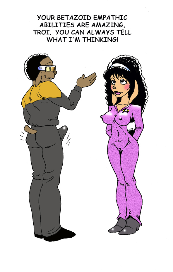 anthro betazoid_(species) bulge combadge deanna_troi dennis_clark english_text geordi_la_forge nipple_bulge star_trek star_trek_the_next_generation starfleet_insignia starfleet_uniform uniform