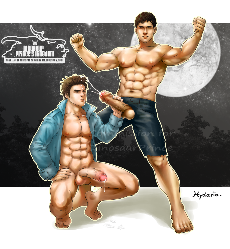 2boys abs bara black_hair bottomless brown_hair cum cum_drip cum_dripping_from_penis cum_on_face cum_on_hair cum_puddle cumshot cutoffs dicks_out dinosaur_prince duo edward_cullen erect_nipples erection exposed_nipple extended_arm gay gay_handjob gay_sex handjob hemosexual holding_penis human hydaria interracial jacket_open jacob_black large_penis large_testicles male male_only masturbating_other moon muscles native_american nude open_fly orgasm_from_handjob partially_retracted_foreskin penis penis_out penis_size_difference proud_of_his_cock sex shirtless simple_background squatting the_twilight_saga vampire werewolf yaoi