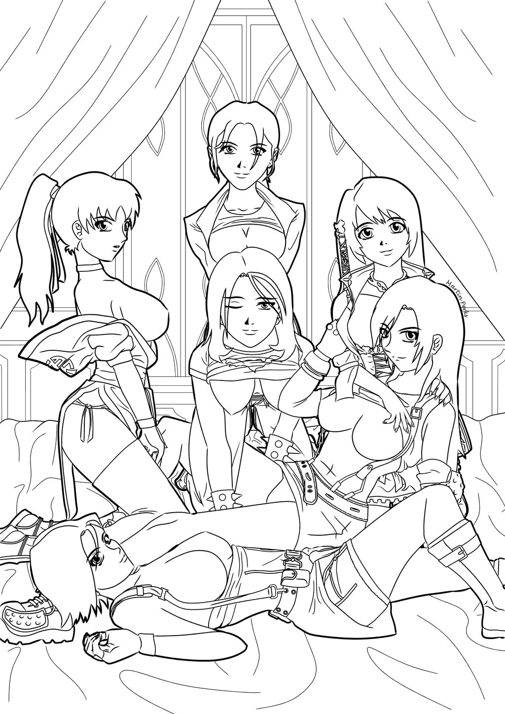 5girls aya brutal_legend crossover dead_or_alive female female_only final_fantasy final_fantasy_vii infinite_undiscovery jill_valentine jill_valentine_(julia_voth) kasumi_(doa) left_4_dead monochrome ophelia_(brutal_legend) resident_evil tifa_lockhart zoey_(left_4_dead)