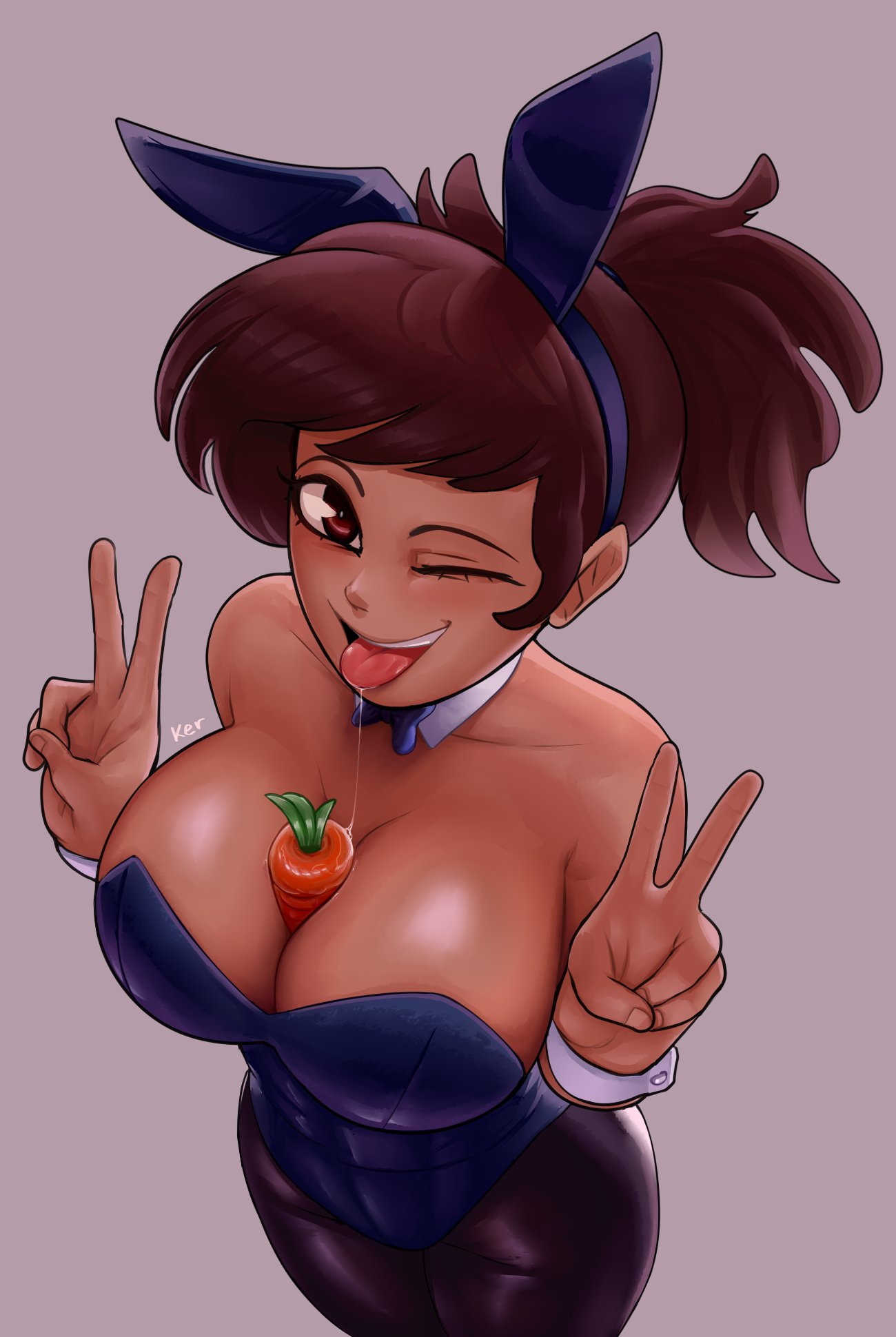1girls, amphibia, amphibia (finale), anne boonchuy, between breasts, big breasts, breasts, brown eyes, brown hair, bunny ears, bunny girl, bunnysuit, busty, camilla bunny, carrot, cleavage, dark skin, dark-skinned female, disney, disney channel, double v, drawname, female, female only, keramagath, large breasts, legs, leotard, naughty face, ponytail, pose, posing, saliva, sexually suggestive, smile, solo, straight hair, thighs, tongue, tongue out, v, voluptuous, wink
