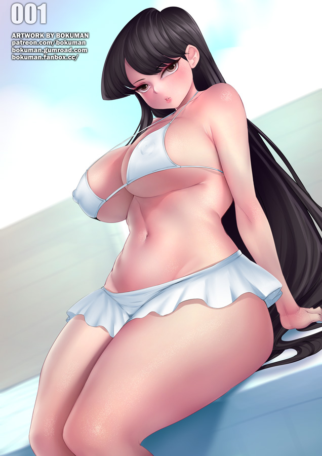 1girls, bikini, black hair, bokuman, color, female, female only, komi shouko, komi-san wa komyushou desu, long hair, looking at viewer, nipple bulge, nipples visible through clothing, tagme