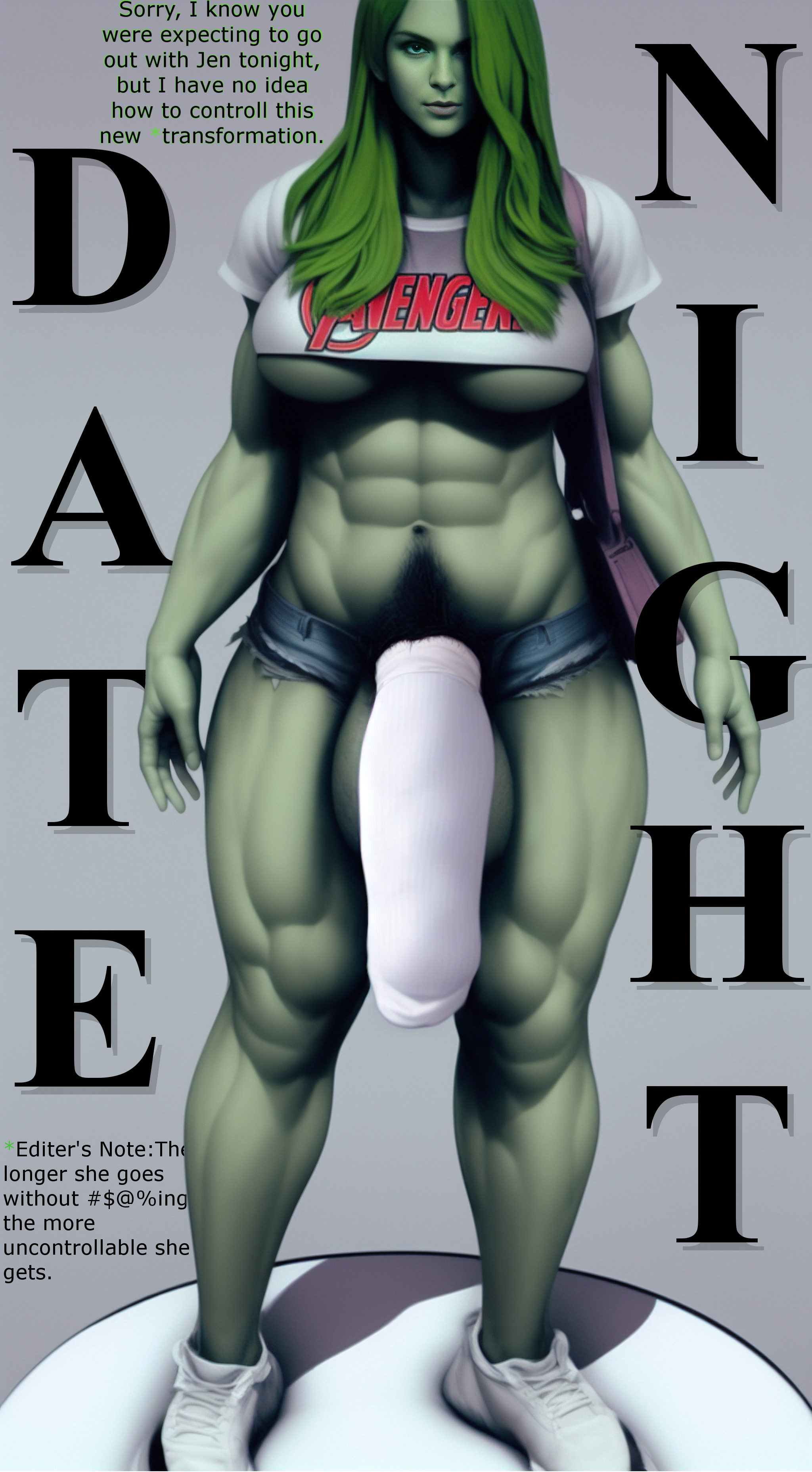 1futa, 3d, avengers, balls, breasts, clothed, clothing, cock sleeve (clothes), cock sock, dialogue, english text, flaccid, functionally nude, futa only, futanari, green eyes, green hair, green skin, hdregrets, highres, hotpants, huge cock, hulk (series), intersex, jean shorts, large breasts, large penis, long hair, looking at viewer, marvel, marvel comics, mostly nude, muscular, muscular futa, muscular thighs, penis, penis out, pubic hair, she-hulk, shorts, solo, standing, talking to viewer, text, thick thighs, underboob
