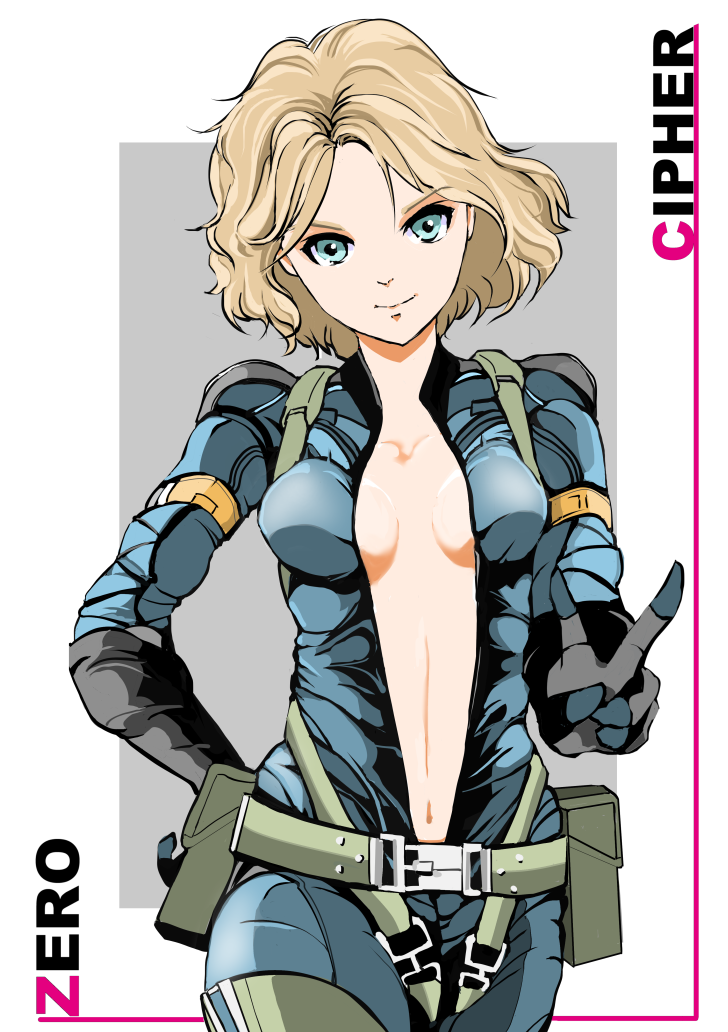1girls, 2d, 2d (artwork), belly, blonde hair, blue eyes, bodysuit, breasts, bushy hair, cleavage, exposed belly, female, gloves, human, light skin, light-skinned female, medium hair, metal gear, metal gear solid, metal gear solid peace walker, navel, no bra, open clothes, open clothing, paz ortega andrade, sideboob, small breasts, solo, unzipped, v sign, wavy hair