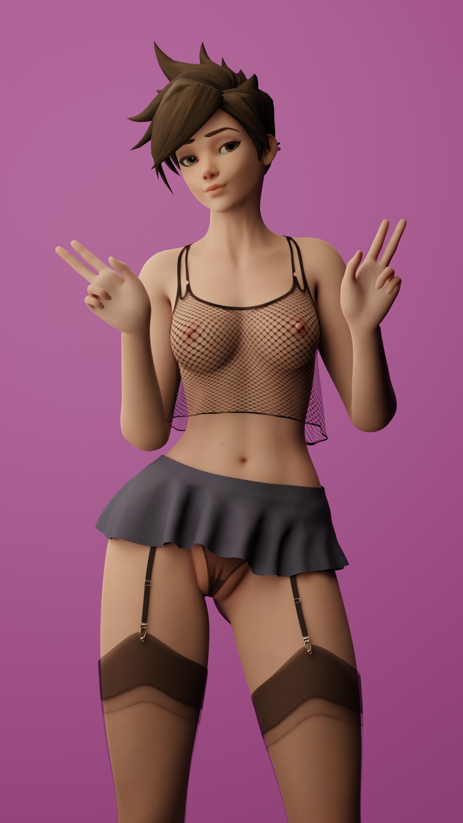 1girls, 3d, black panties, blender, breasts, brown hair, female, female only, fishnets, garter straps, greyarea55, half-dressed, hips, lena oxton, lingerie, looking at viewer, microskirt, overwatch, pale skin, panties, peace sign, pose, skirt, small breasts, solo, stockings, thighhighs, thighs, tracer, upskirt