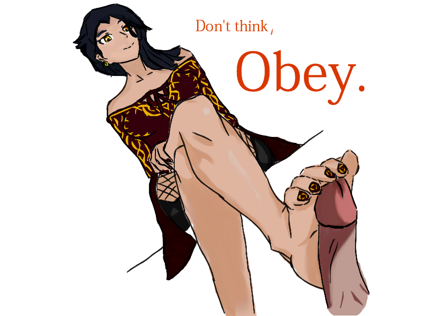 1girls arms_crossed barefoot black_hair cinder_fall clothed_footjob crossed_legs crossed_legs_footjob earrings erection feet female foot_fetish footjob nail_polish penis red_dress red_fingernails red_nails red_toenails rwby sitting sitting_footjob smile text thebittersweetprince toenail_polish